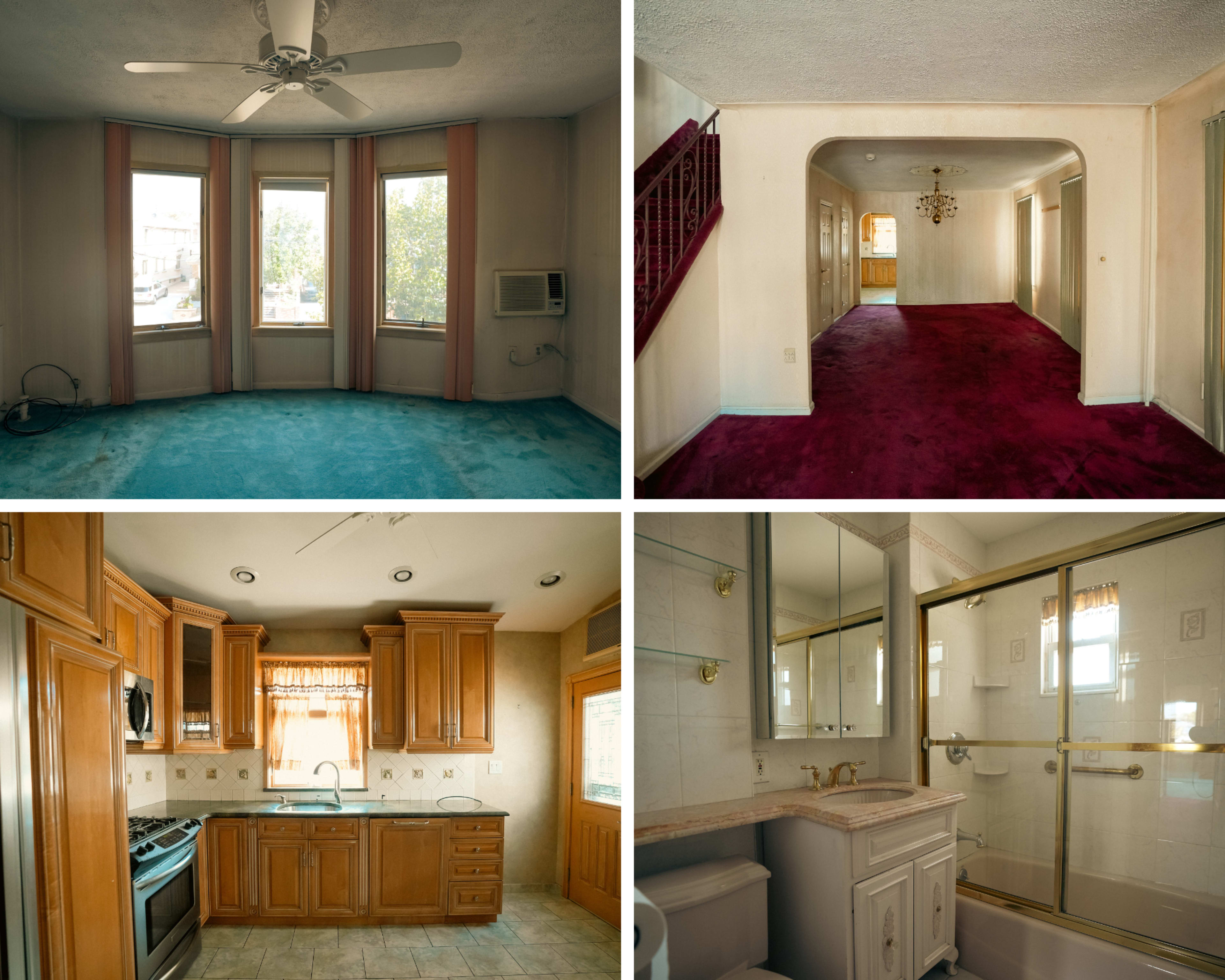 The image features four rooms of a house: a carpeted living area with windows, a hallway with a chandelier, a red-carpeted corridor, and a kitchen with wooden cabinets and modern appliances, along with a bathroom that includes a glass-enclosed shower.