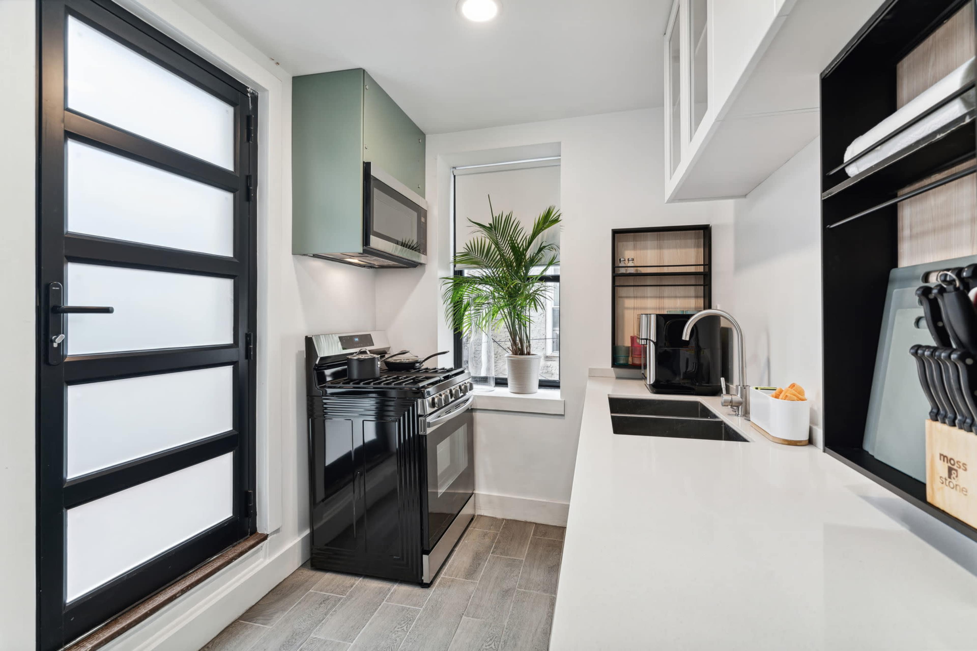 A modern kitchen featuring a black stove, an outdoor door with glass panels, a window with a potted plant, and a sleek countertop with a sink.