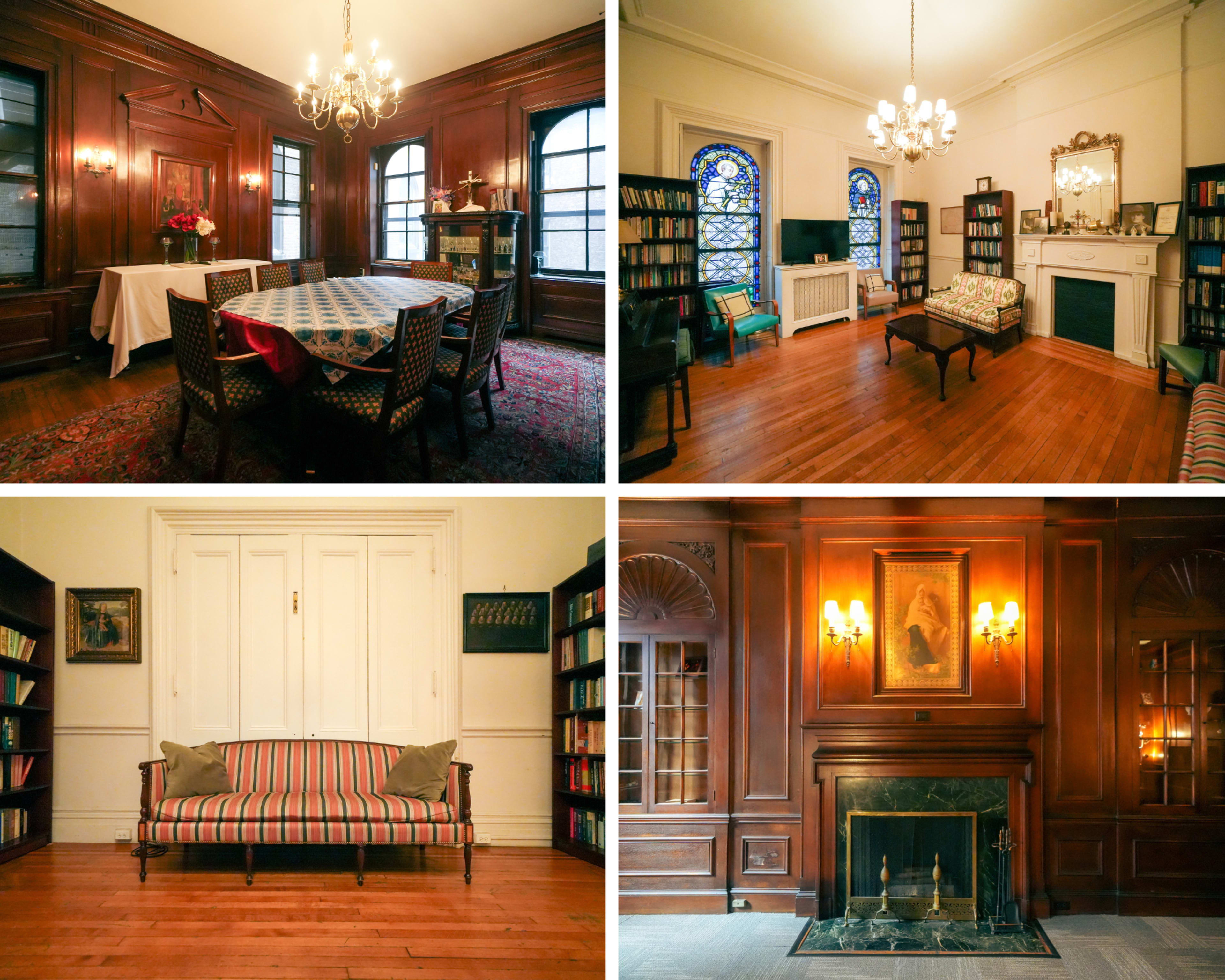 The image shows a series of well-furnished rooms with wooden walls, a dining area with a patterned tablecloth, a living room with stained glass windows and bookshelves, and another room featuring a striped sofa and a fireplace.