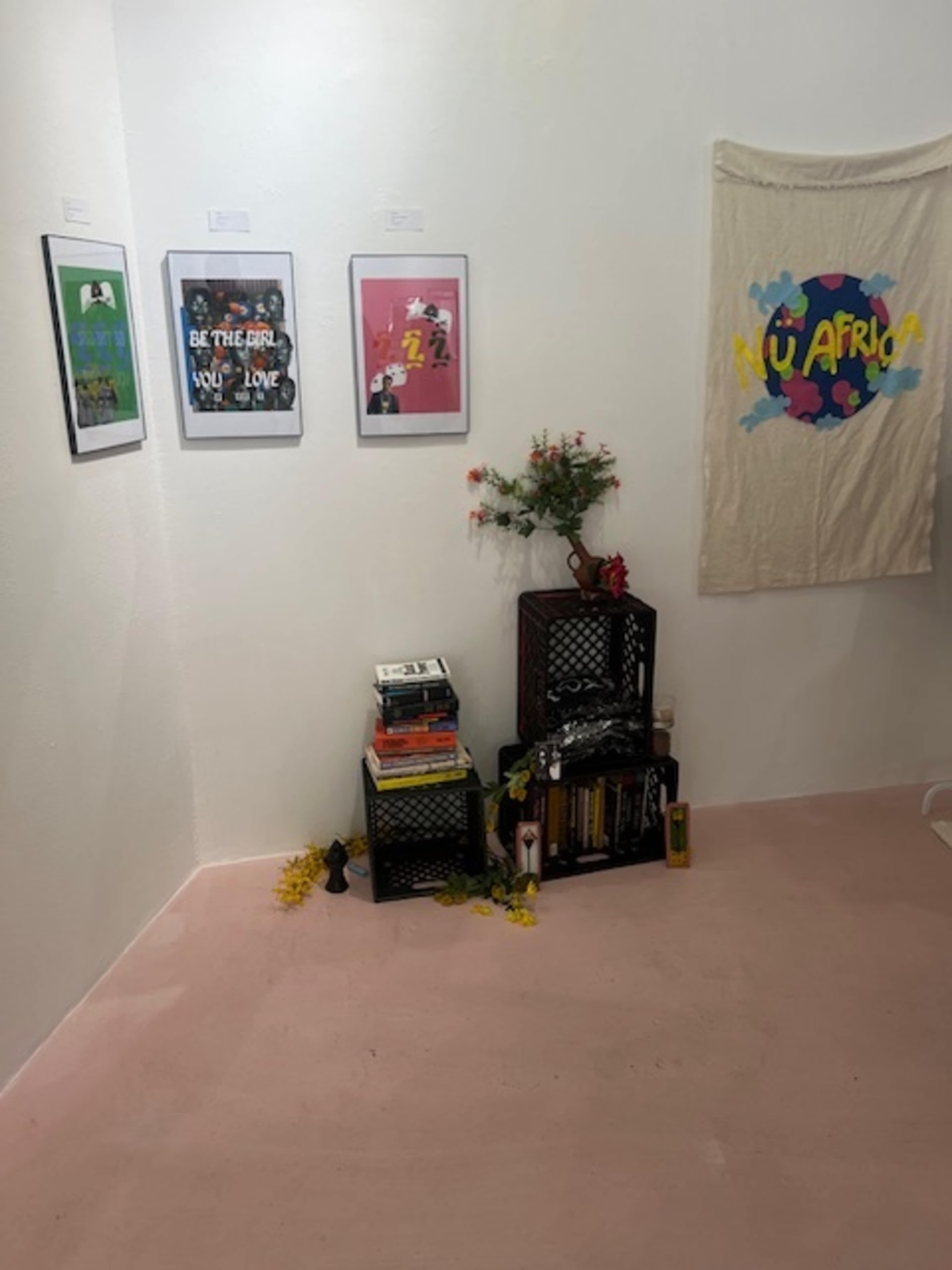 The image shows a corner of a room featuring framed artworks on the wall, a small bookshelf with books, and a decorative plant next to a fabric banner.