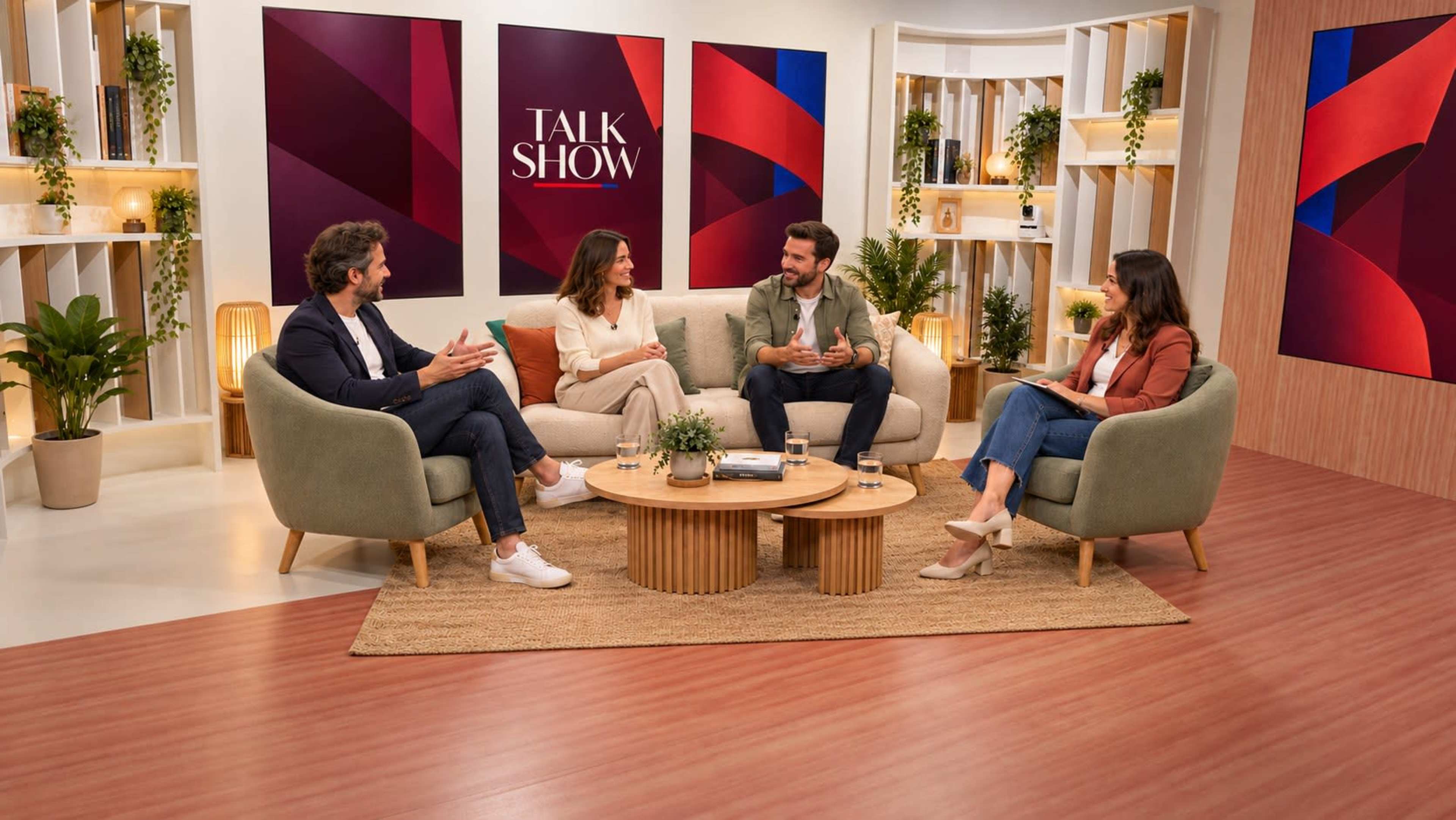 A group of four people sits on a sofa in a modern studio designed for a talk show, surrounded by plants and decorative shelves.