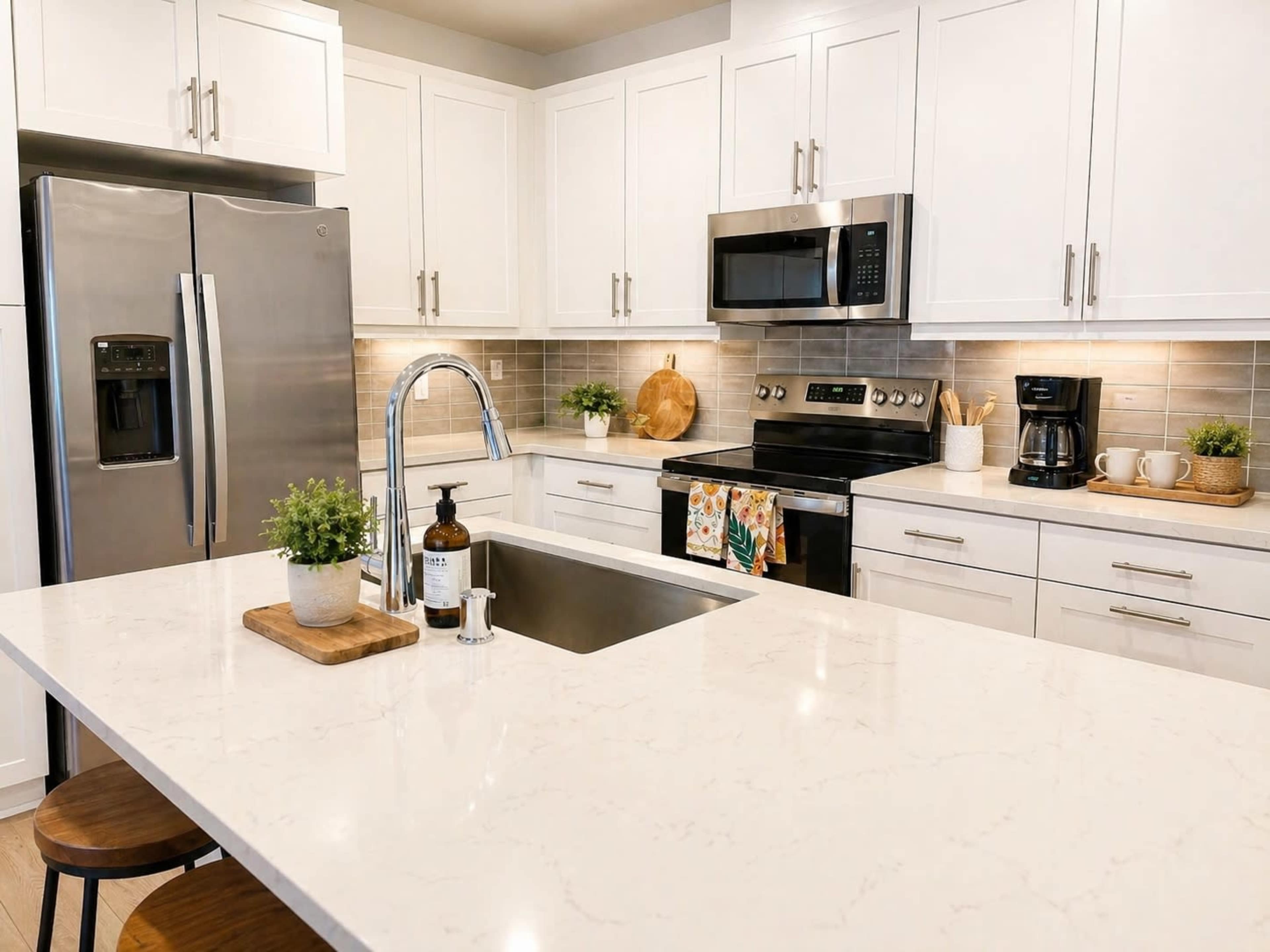 The image shows a modern kitchen with white cabinetry, stainless steel appliances, and a large island featuring a sink and wooden cutting board.