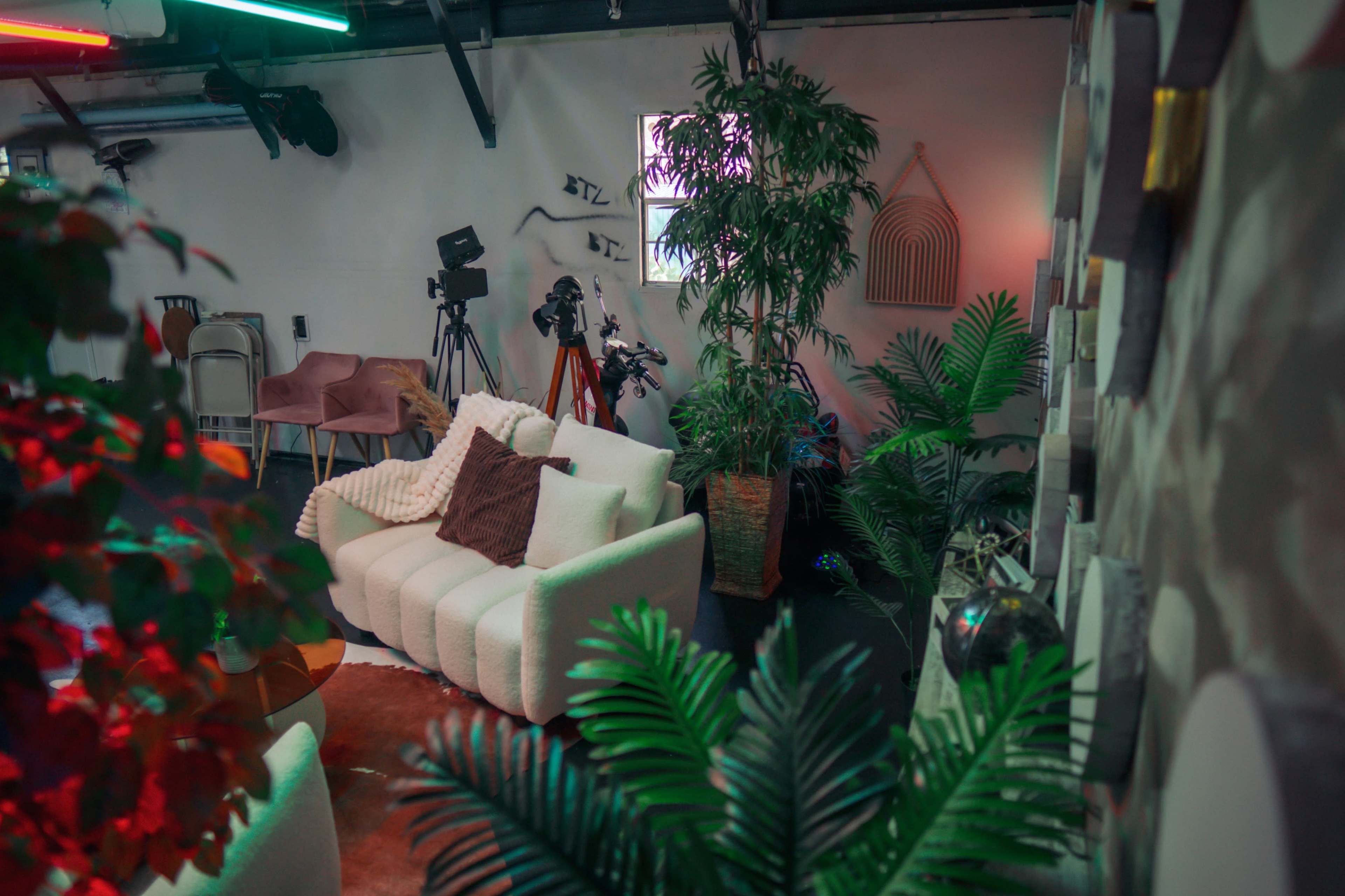 The image shows a cozy interior space featuring a white sofa, potted plants, and various photography equipment in the background.