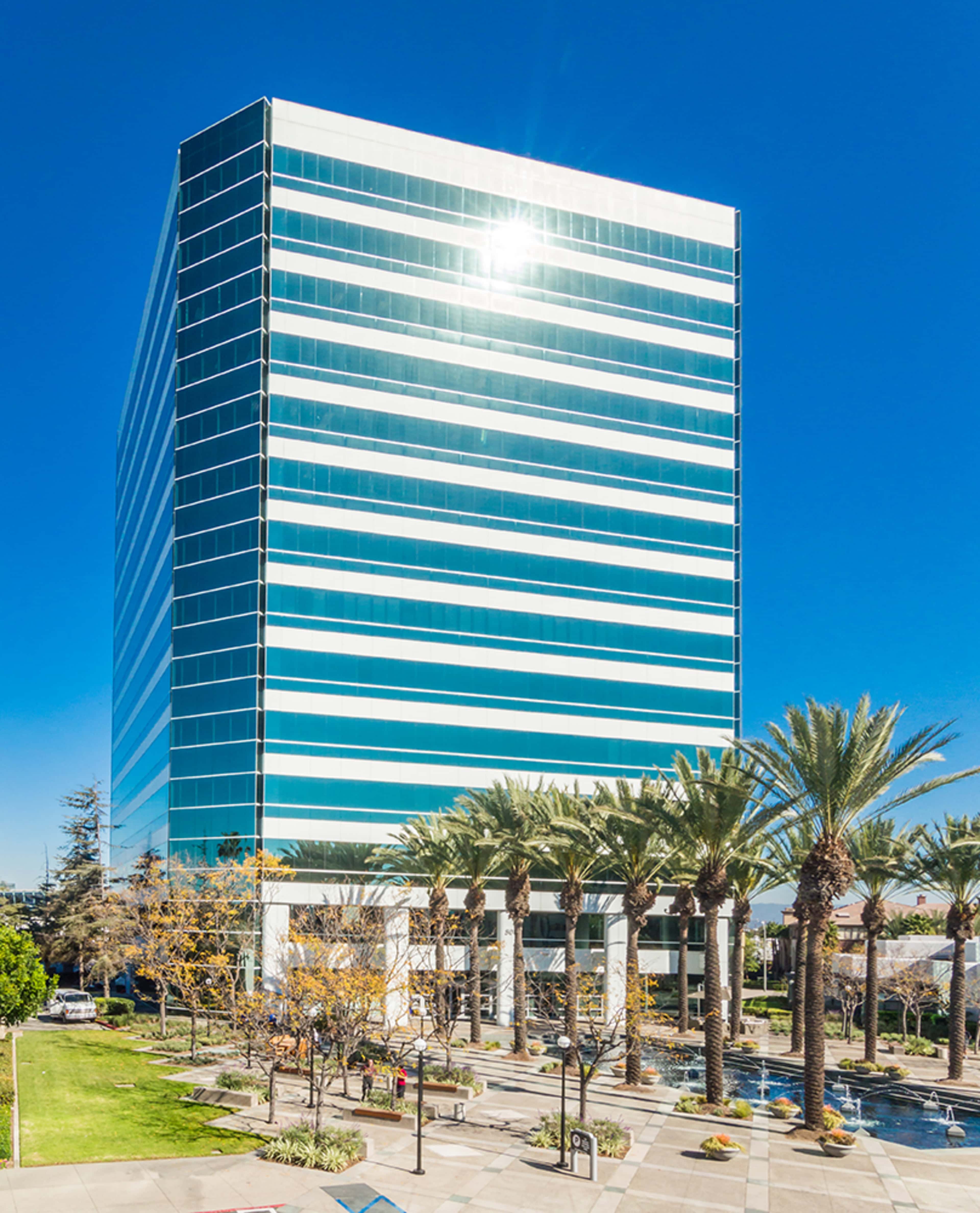A modern glass office building stands tall next to a row of palm trees and landscaped walkways under a clear blue sky.