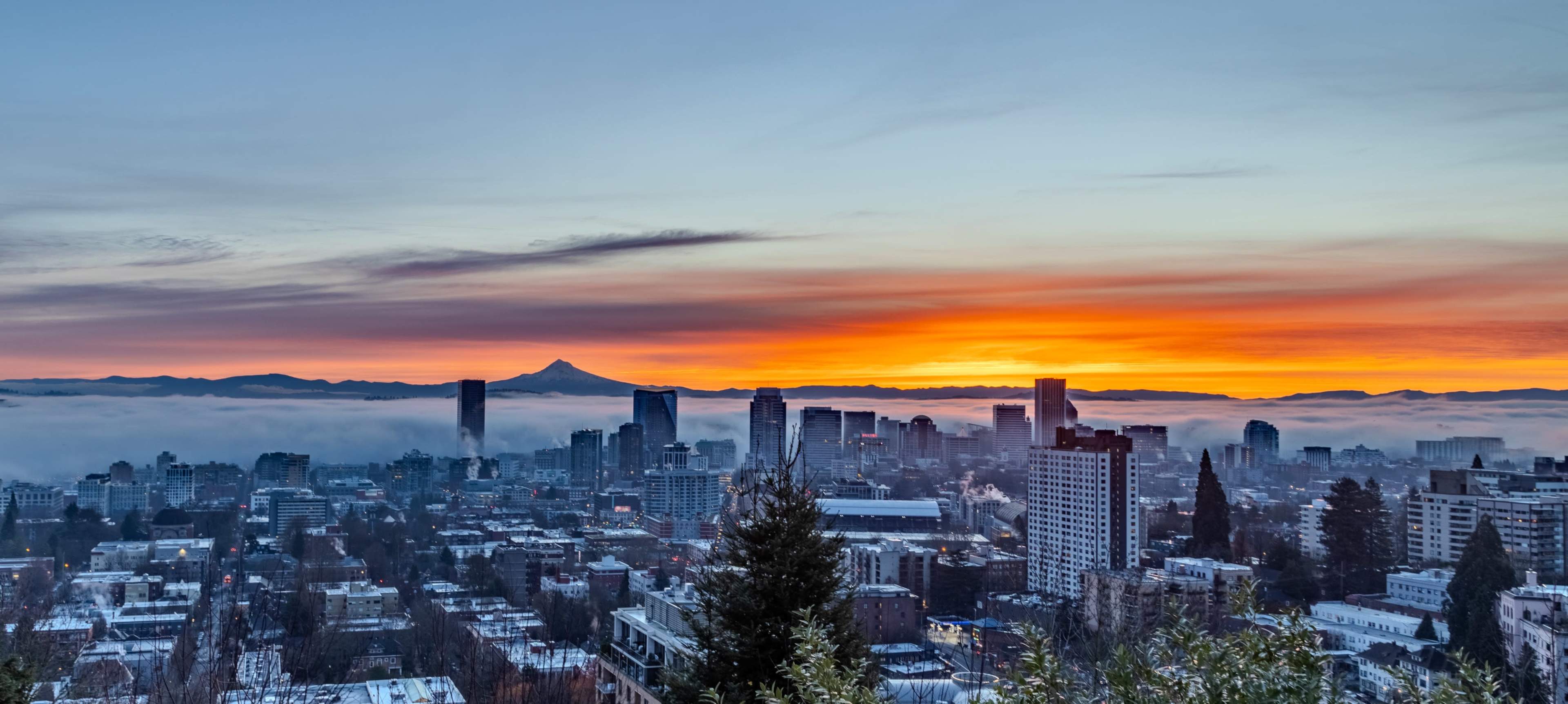 A city skyline at sunrise, with a mountain in the background and a blanket of fog covering the lower buildings.