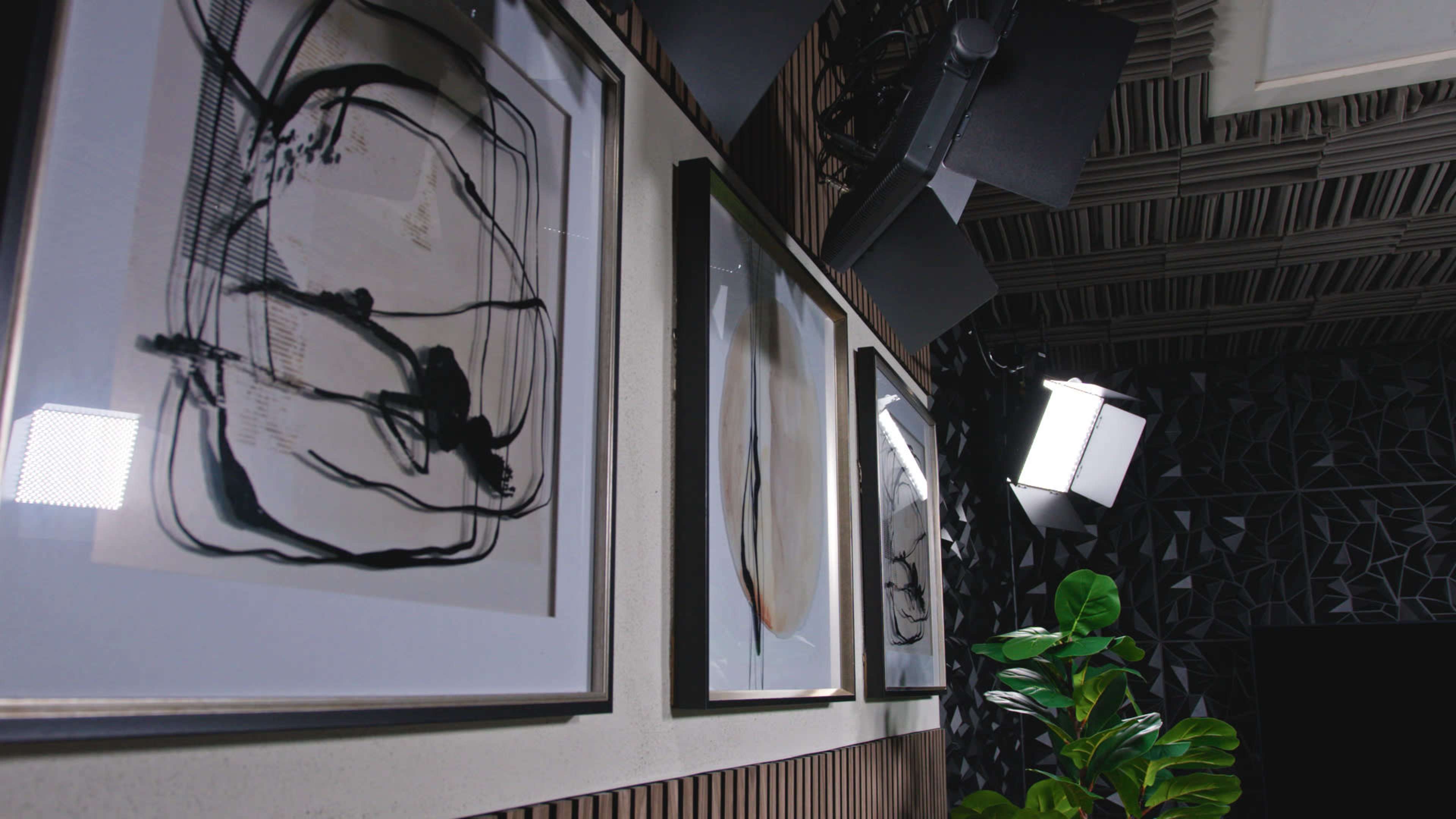The image shows a wall with framed abstract artworks, black speakers mounted above, and a potted plant in the foreground.