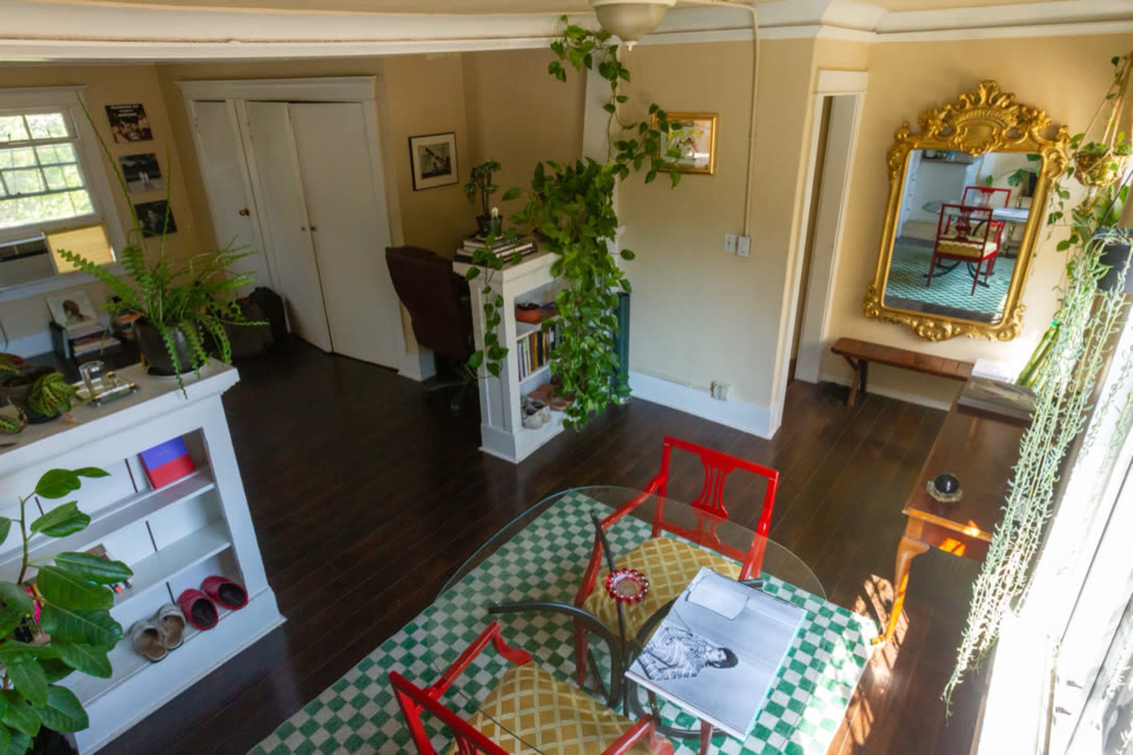 A bright, well-furnished living space with a dining table at the center, surrounded by greenery and featuring a mirror on the wall.