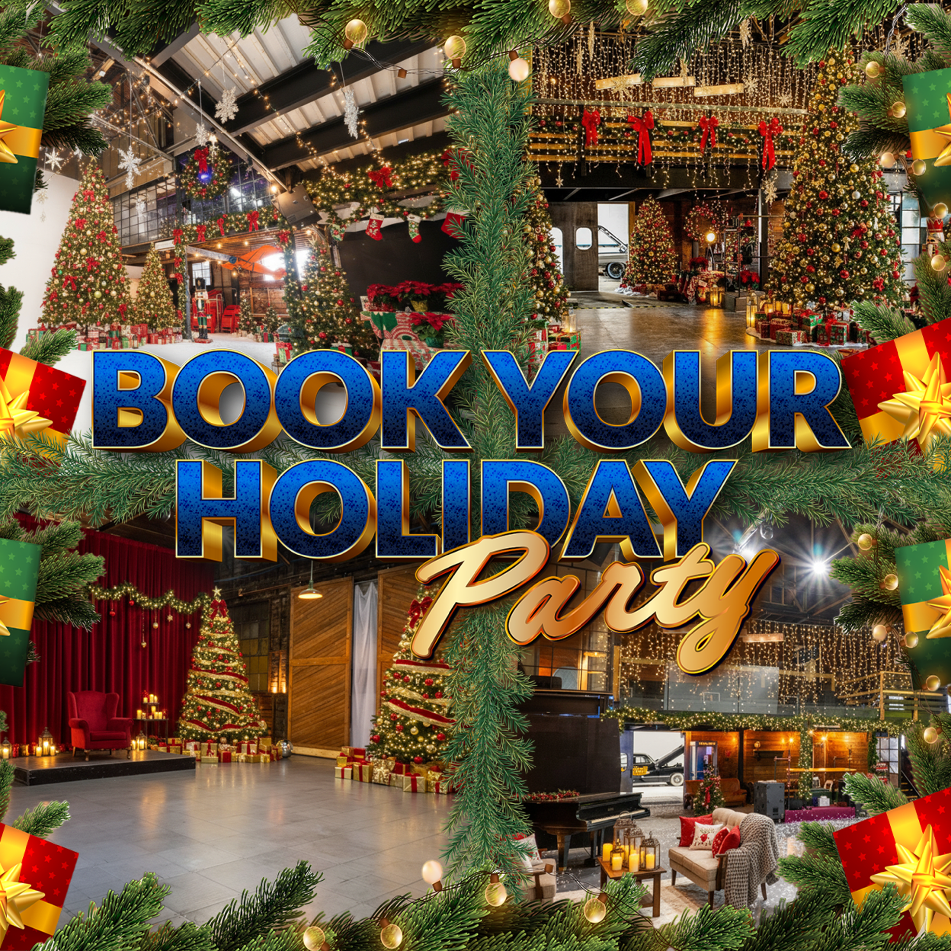 The image displays a festive promotional graphic featuring various decorated holiday party venues surrounded by holiday-themed borders and text inviting people to book their holiday party.