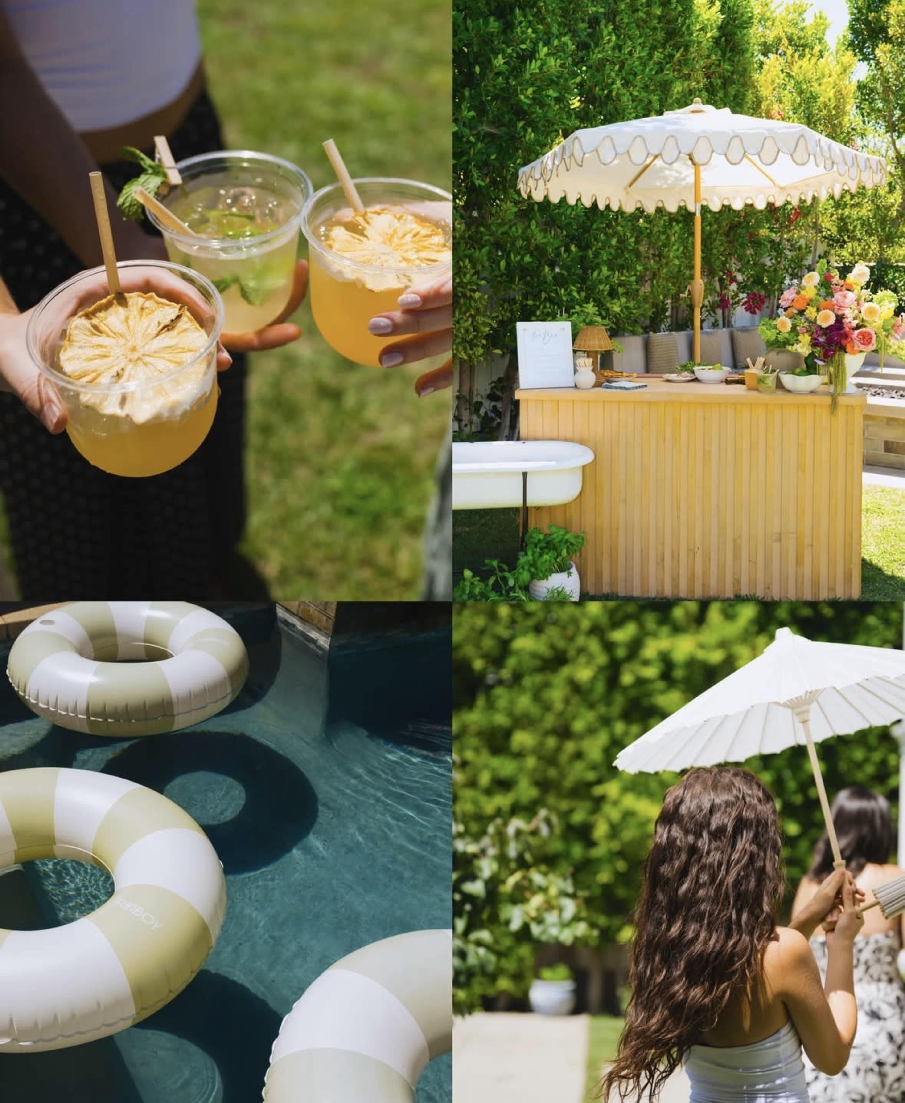 The image shows a summer gathering with drinks being served, a decorated outdoor stand, pool floats in a swimming pool, and two people under an umbrella.