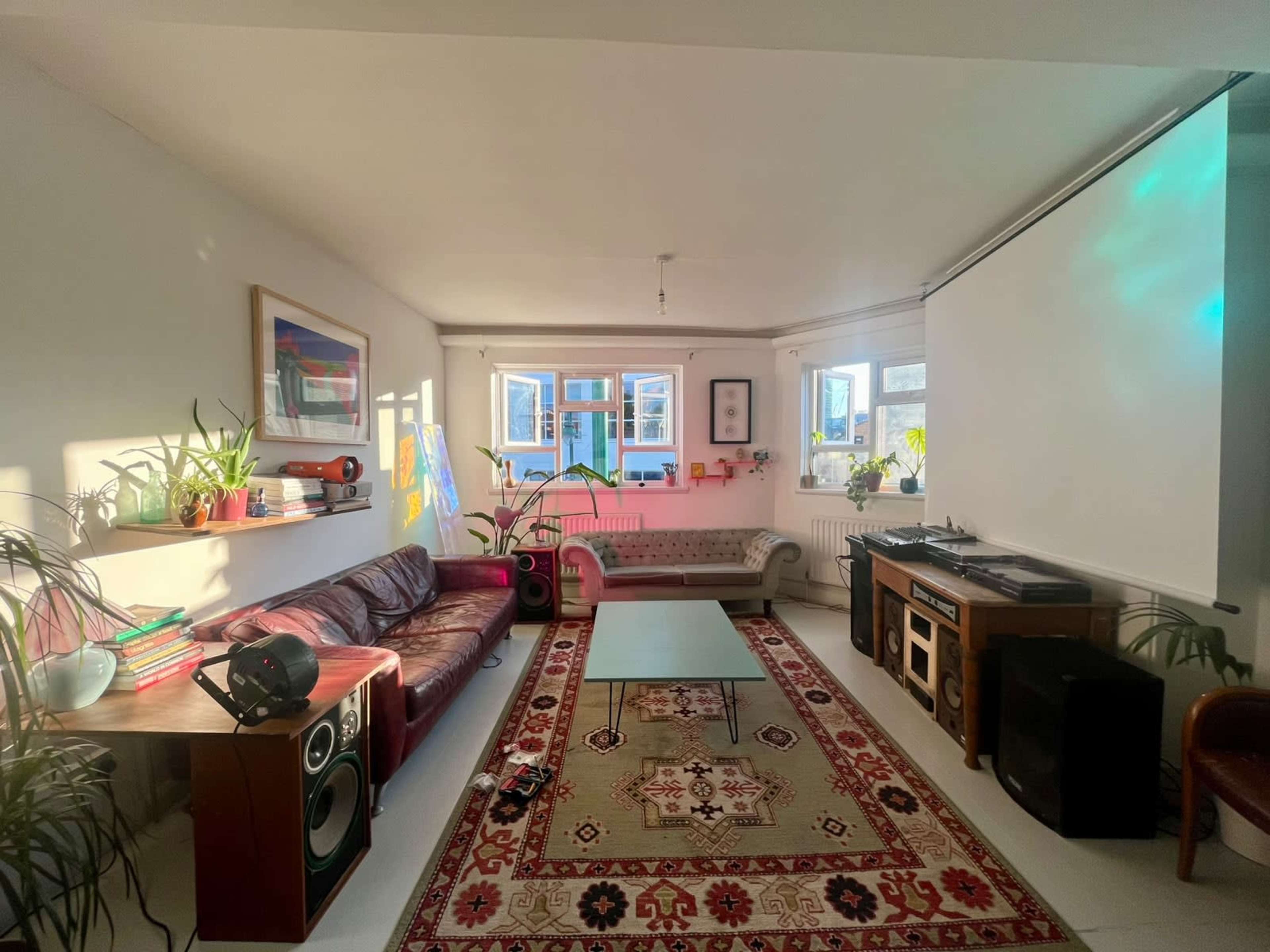 A spacious living room features a leather sofa, a glass coffee table, a projector screen, and decorative plants.