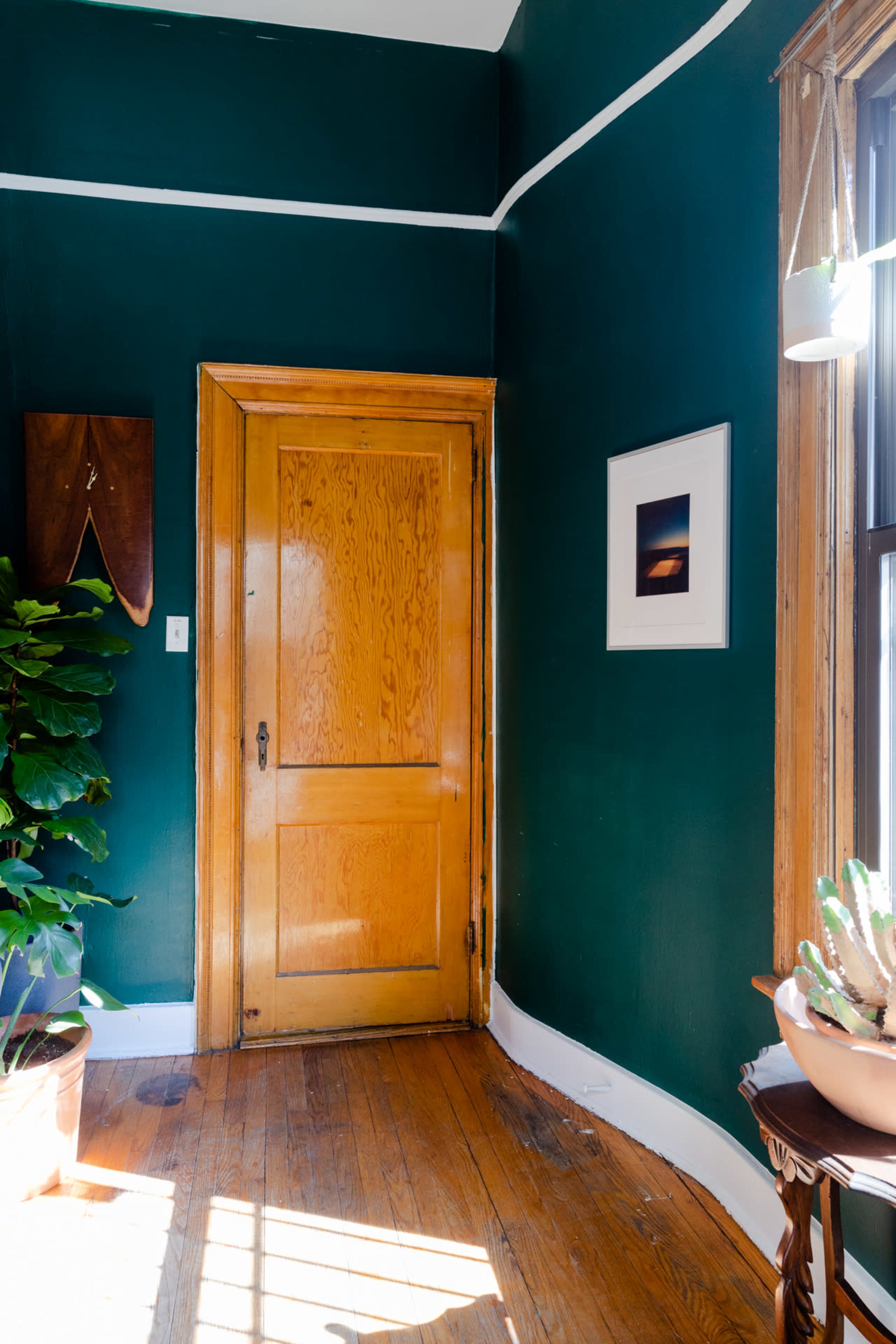 A wooden door frames a corner of a room with dark green walls, featuring a potted plant and a framed picture.