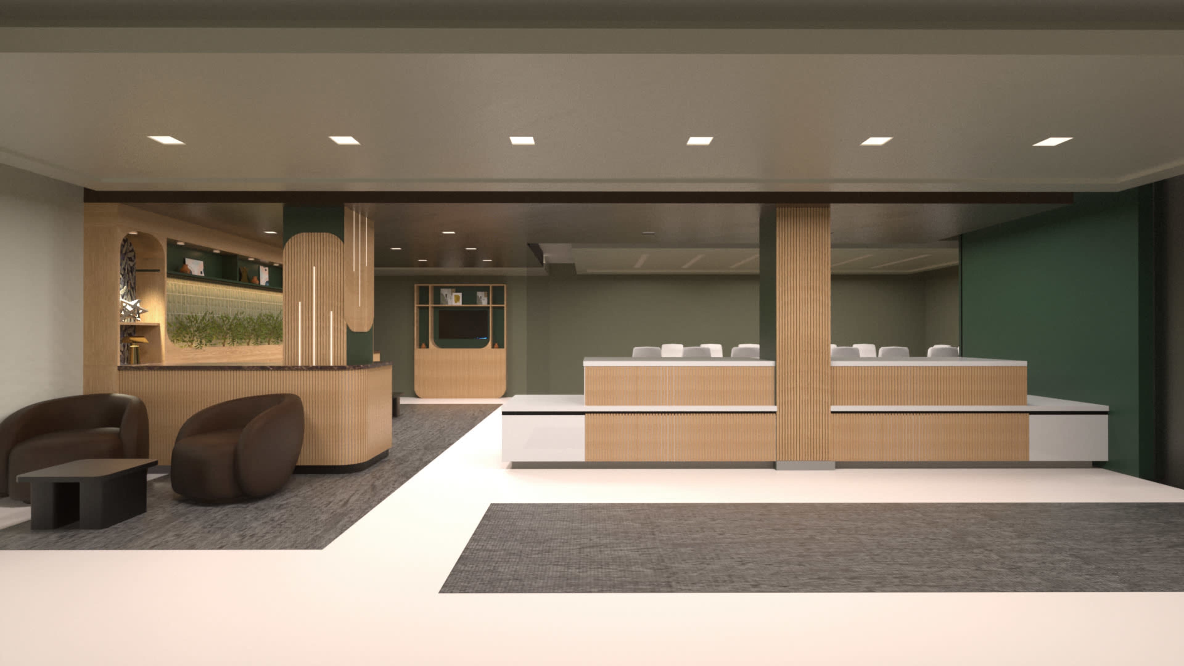 The image shows a modern reception area featuring a curved wooden counter, two brown chairs, and a minimalist design with white and green accents.