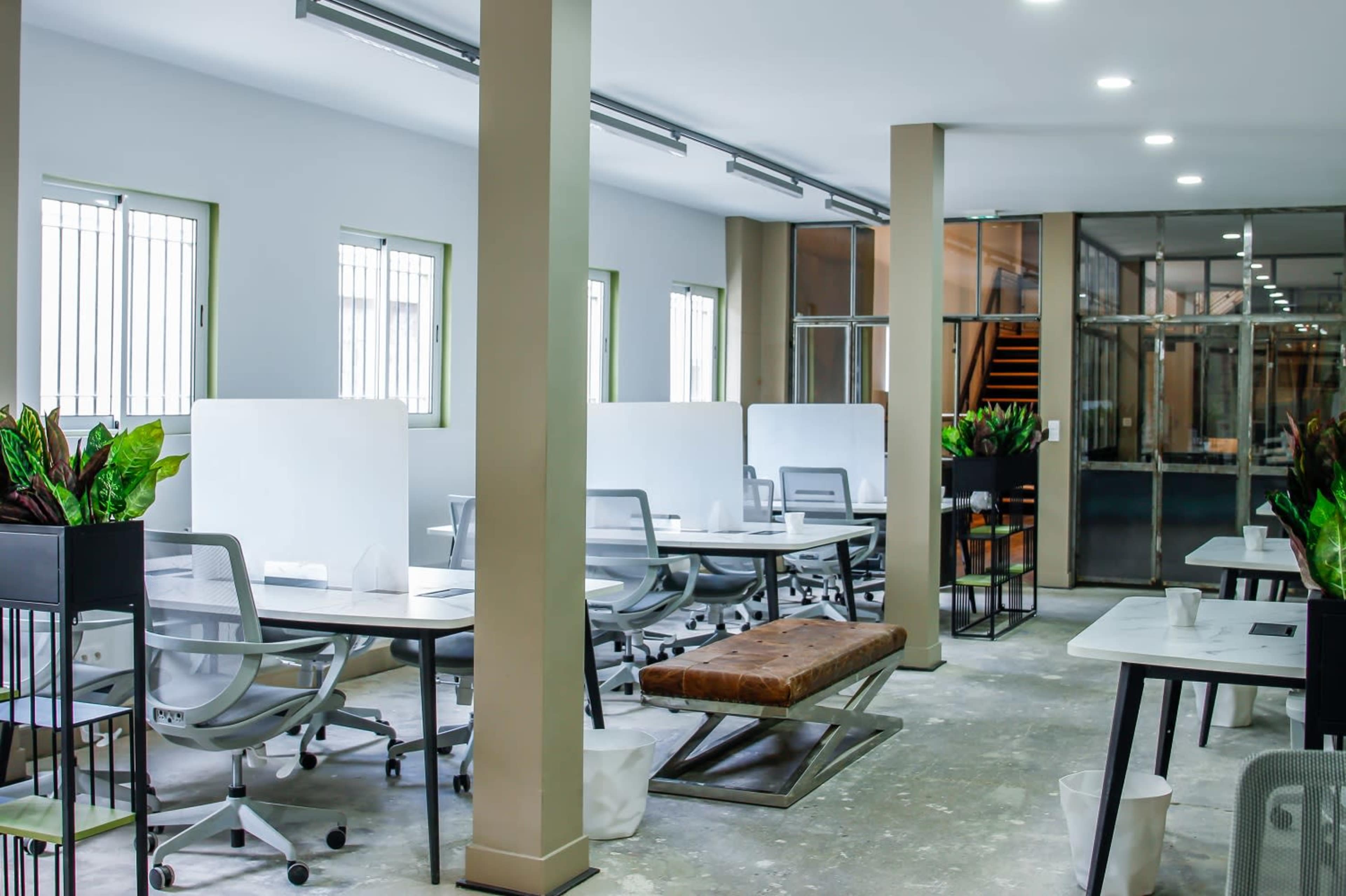 A modern office space with multiple workstations featuring desks and ergonomic chairs, surrounded by plants and large windows for natural light.
