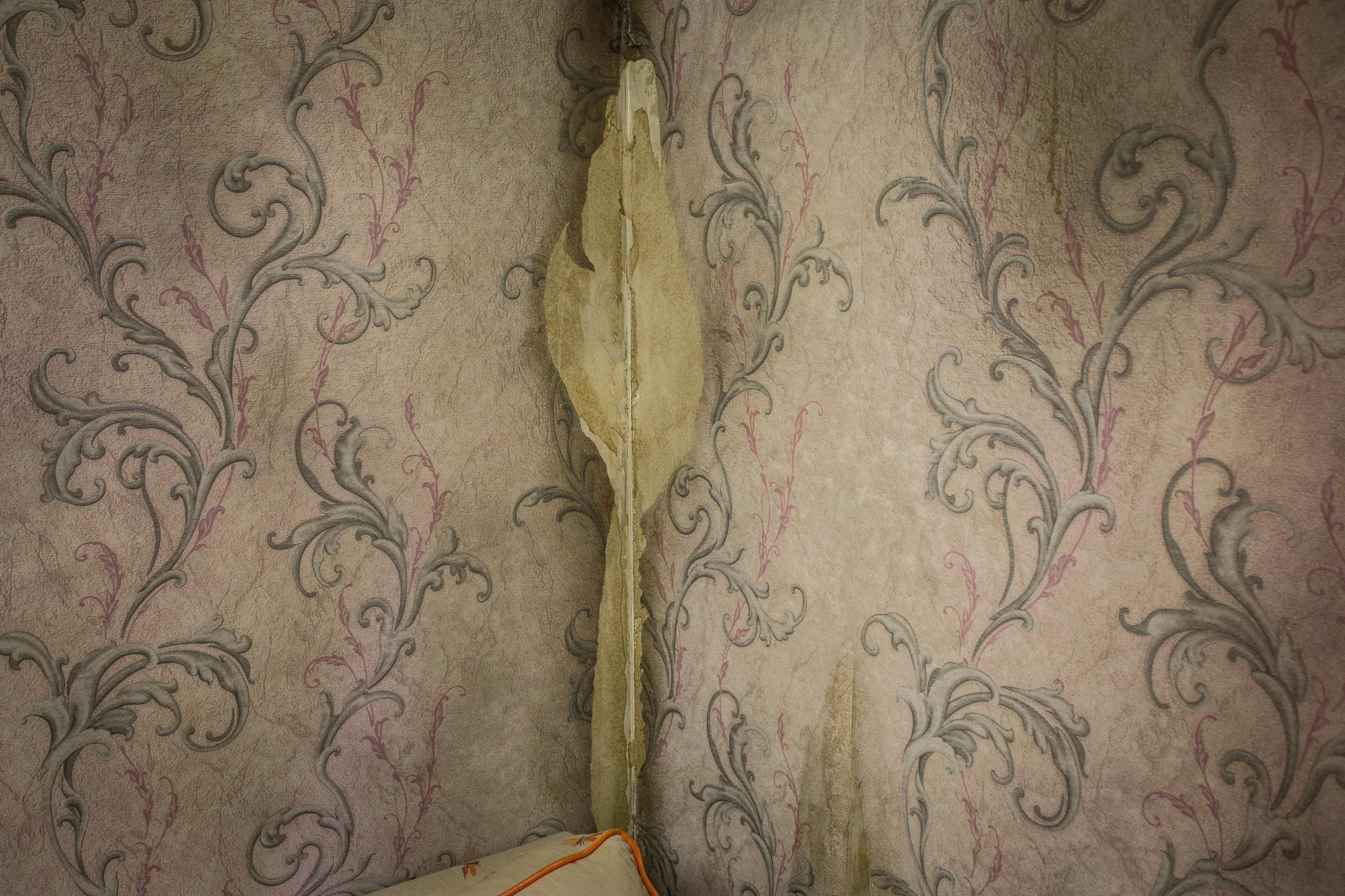 The image shows a corner of a room with patterned wallpaper and visible water damage.