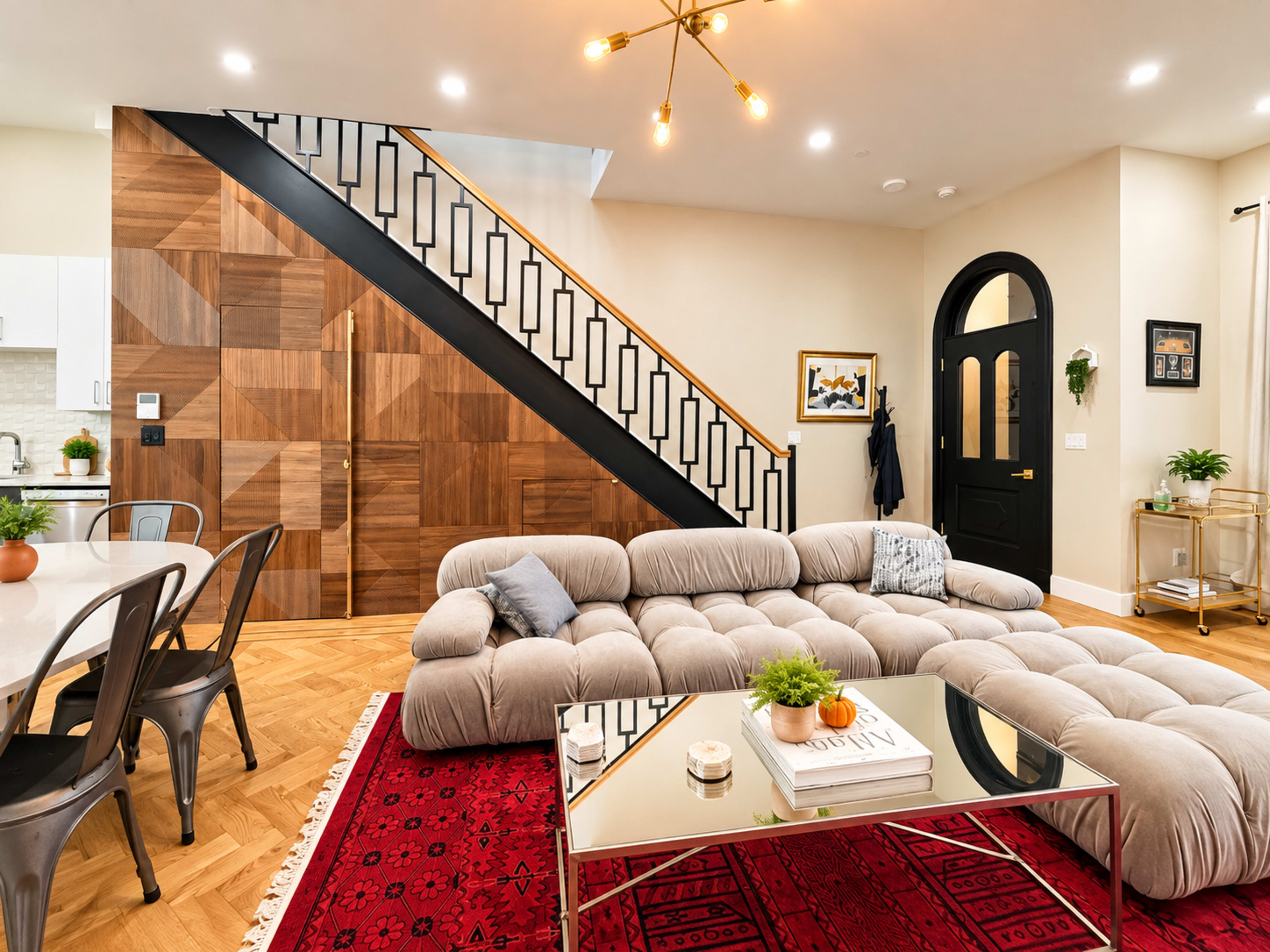 The image showcases a modern living area with a plush, tufted gray sofa, a geometric coffee table, and a stylish staircase featuring wooden paneling and a black railing.
