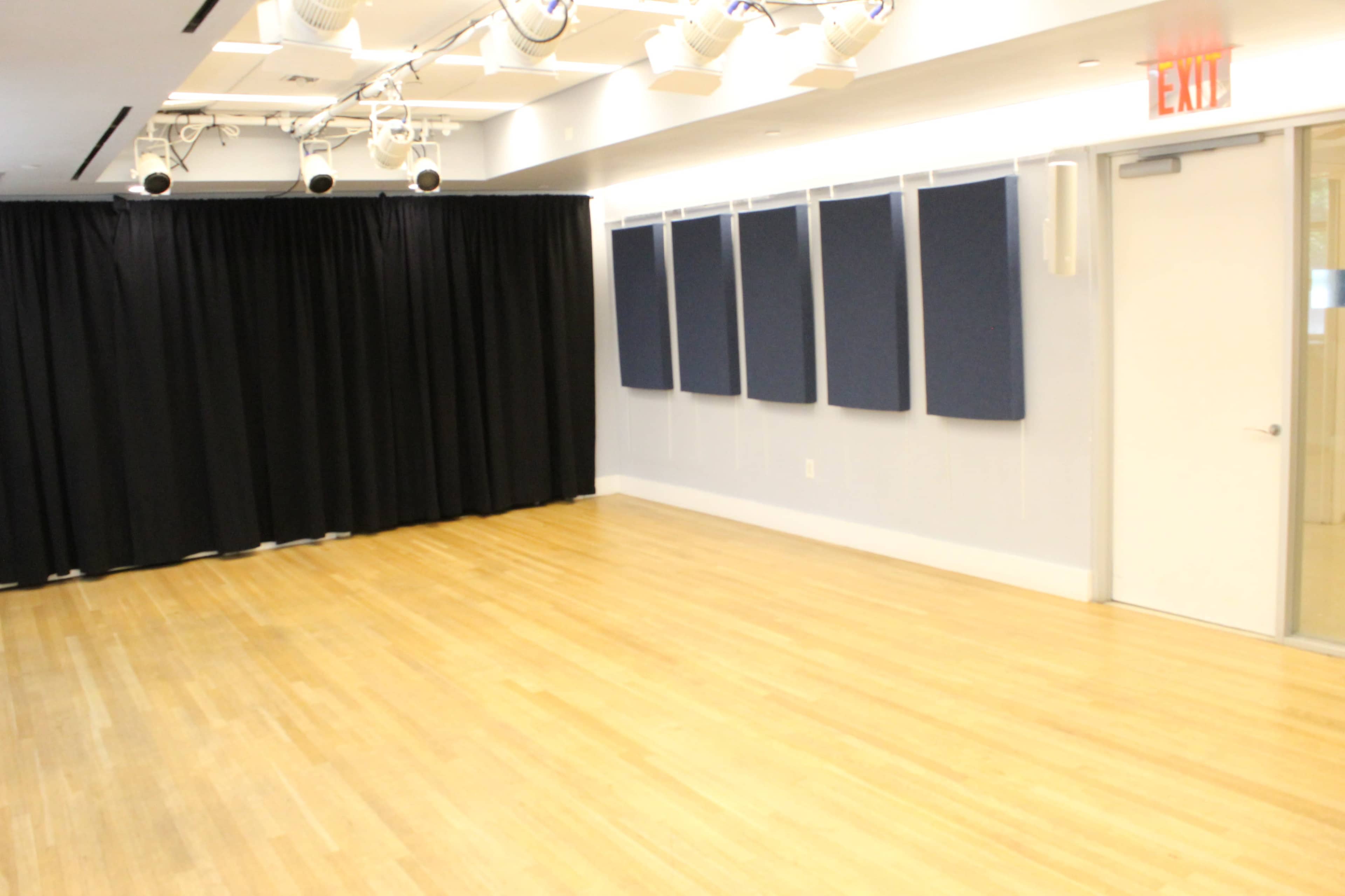 The image shows a spacious room with wooden flooring, black curtains on one side, and several blue sound panels mounted on the wall opposite a door.