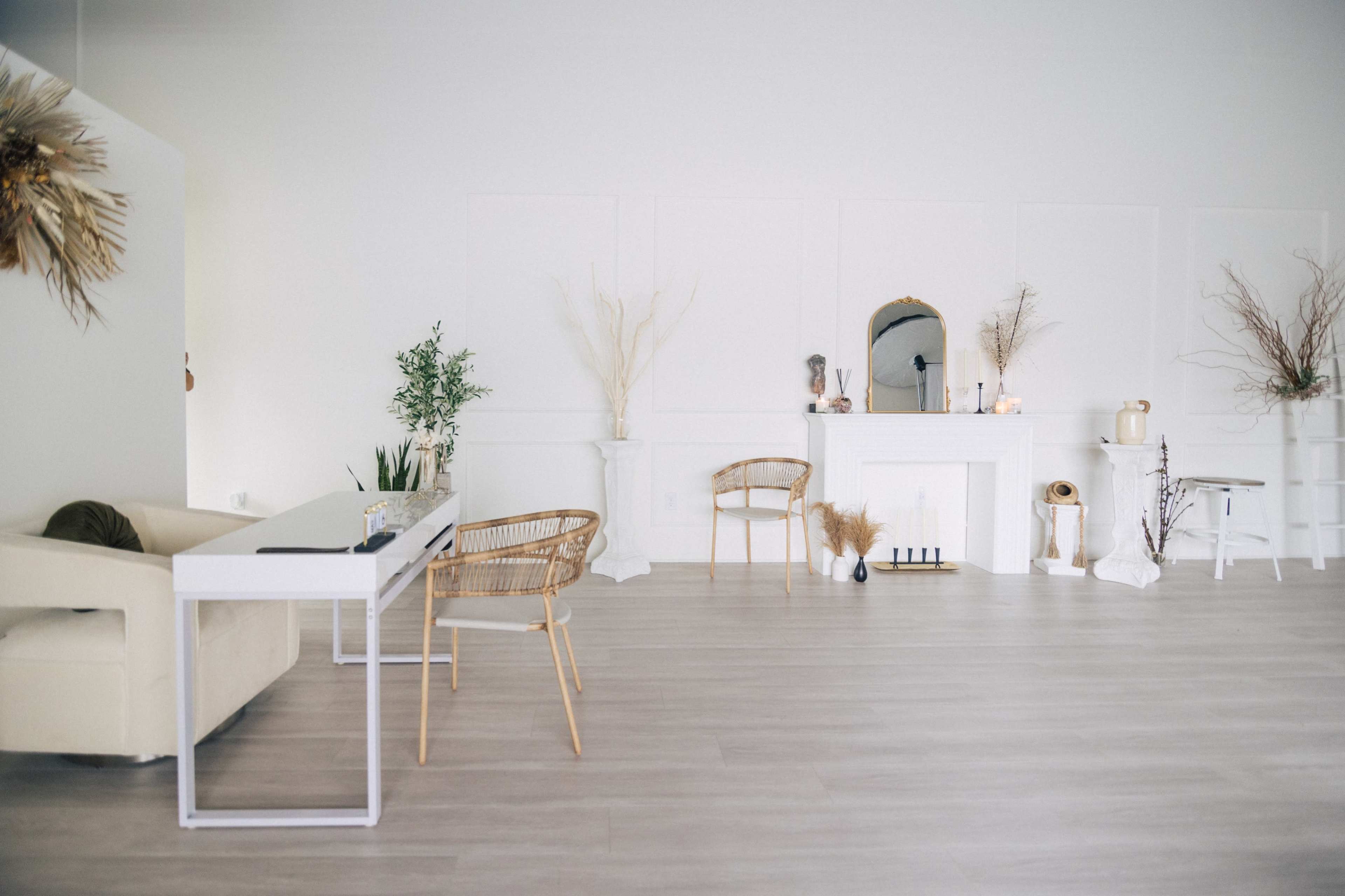 A minimalist interior space features a white wall, a fireplace, a desk with a chair, and various decorative elements like plants and sculptures.
