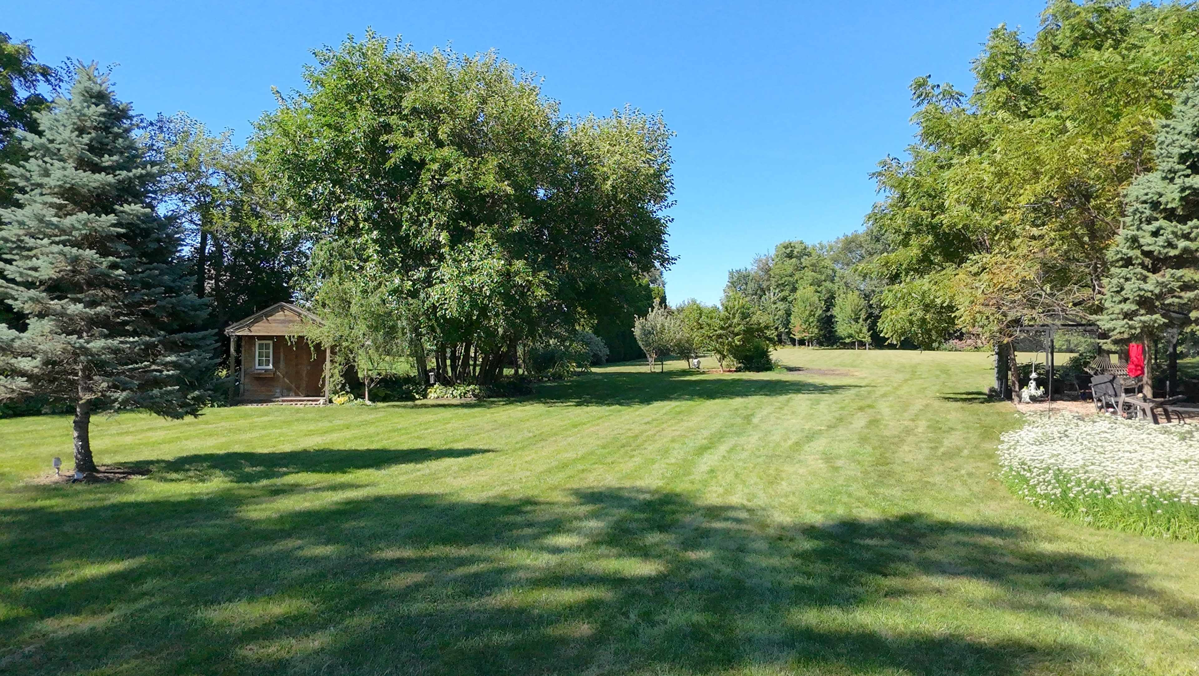 The image shows a grassy landscape with a small wooden shed on the left, surrounded by trees and a clear blue sky.