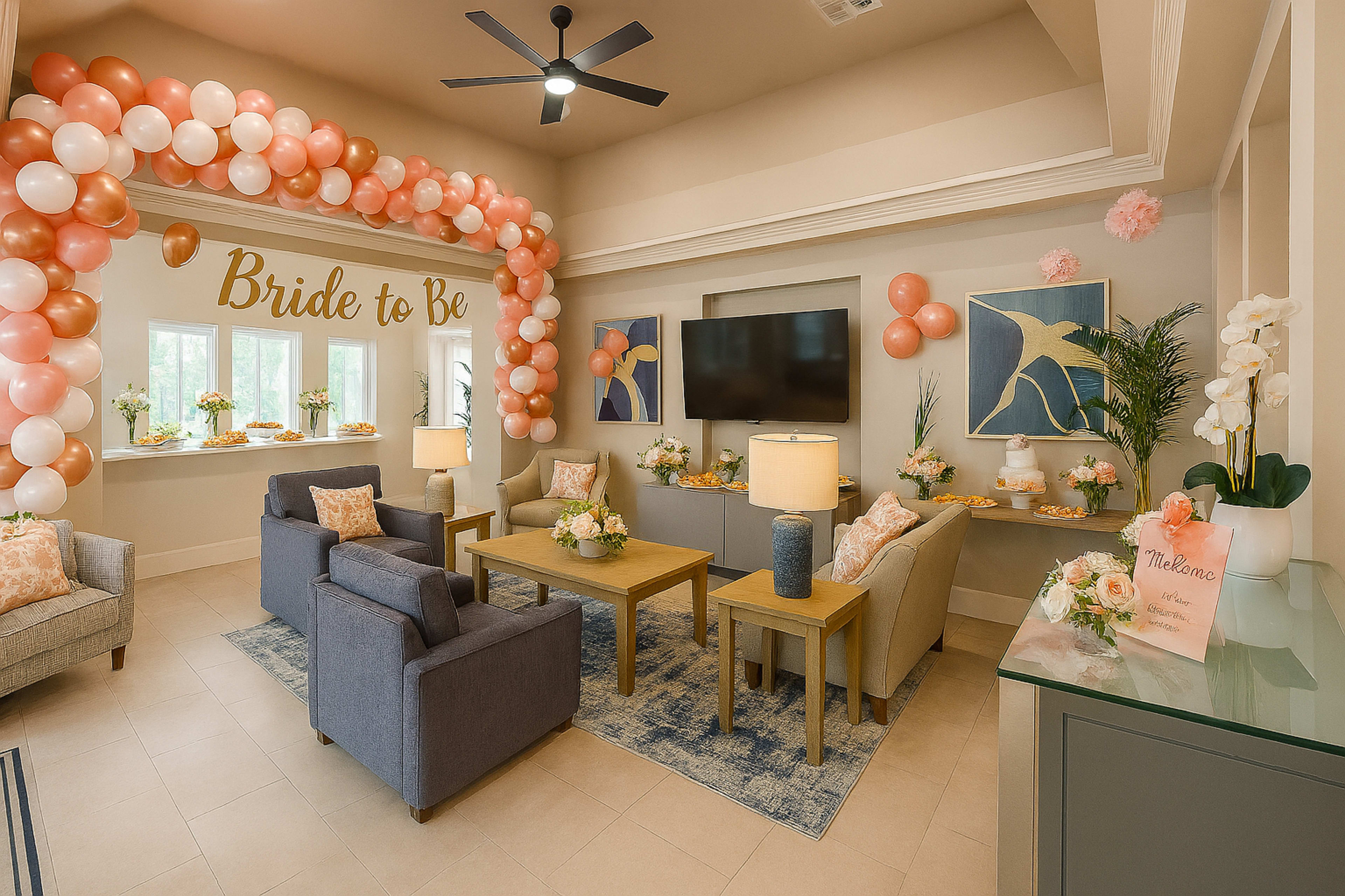 The image shows a decorated room for a bridal event, featuring pastel balloons, floral arrangements, and a seating area with couches and a television.