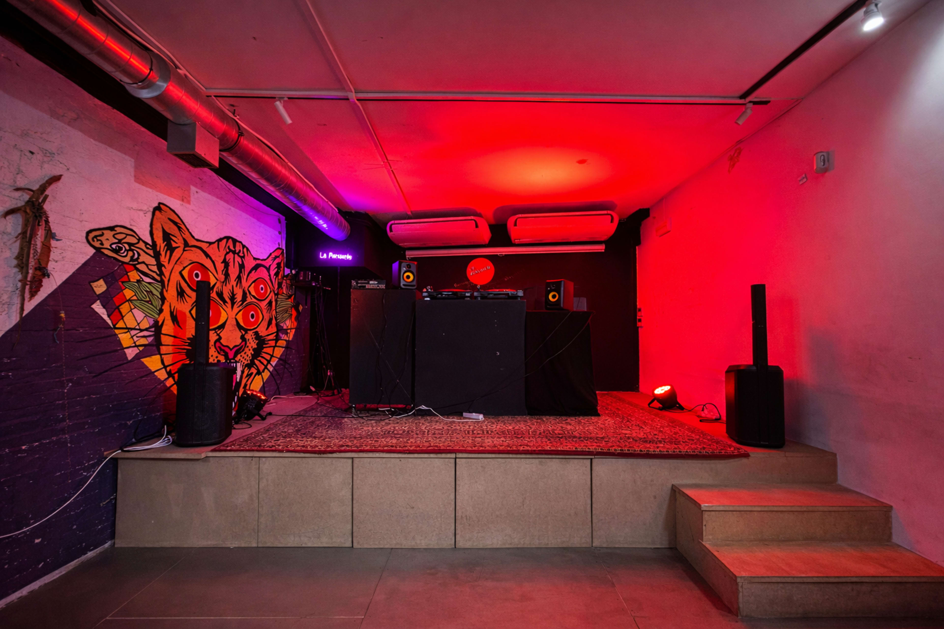 The image shows a dimly lit DJ setup with a vibrant mural of a cat on the wall and steps leading up to the stage area.