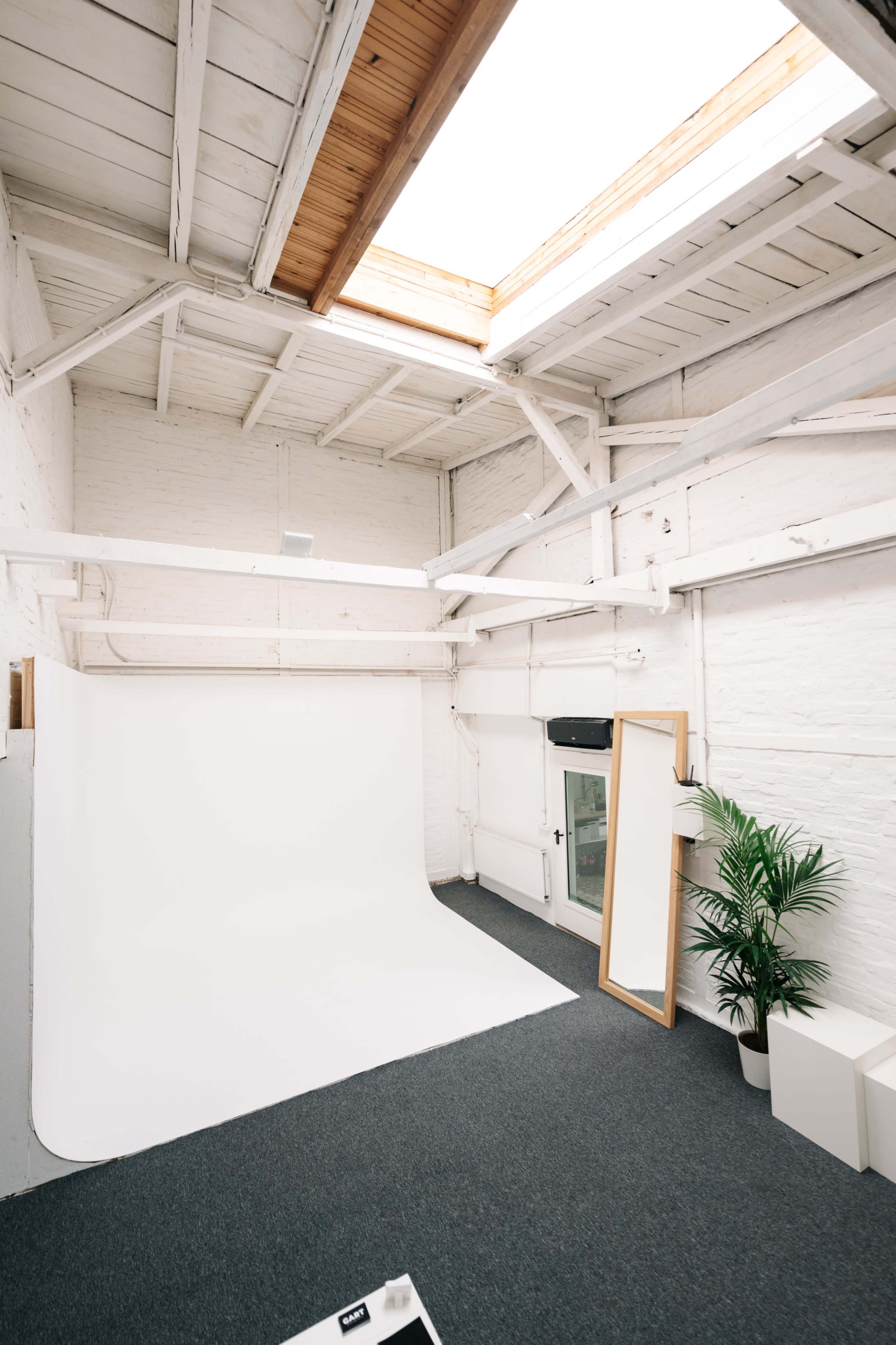 A spacious photography studio features a white backdrop, a large mirror, a plant, and a skylight illuminating the room.