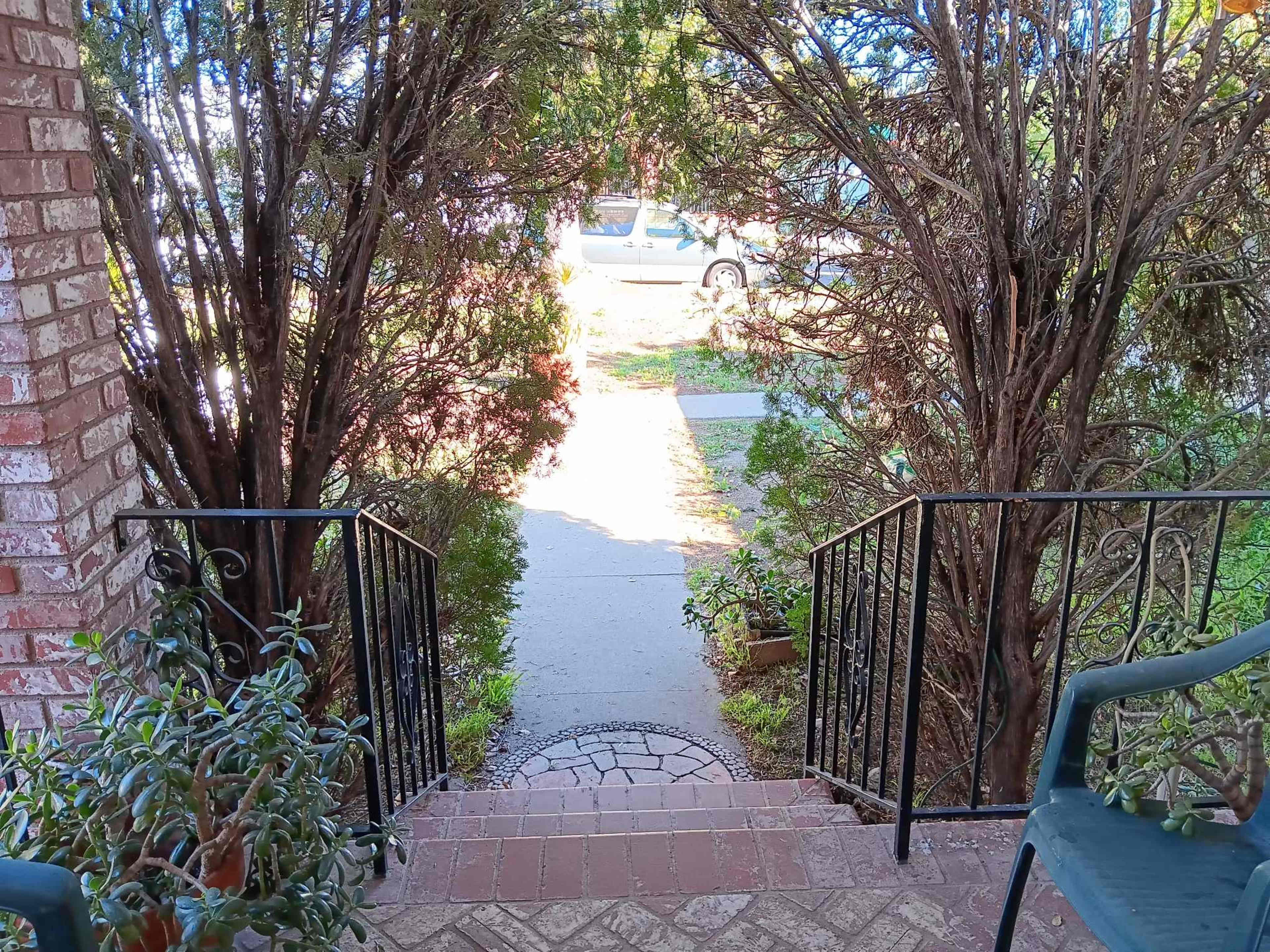The image shows a set of steps leading down from a porch surrounded by shrubs, with a view of a sidewalk and a car in the distance.