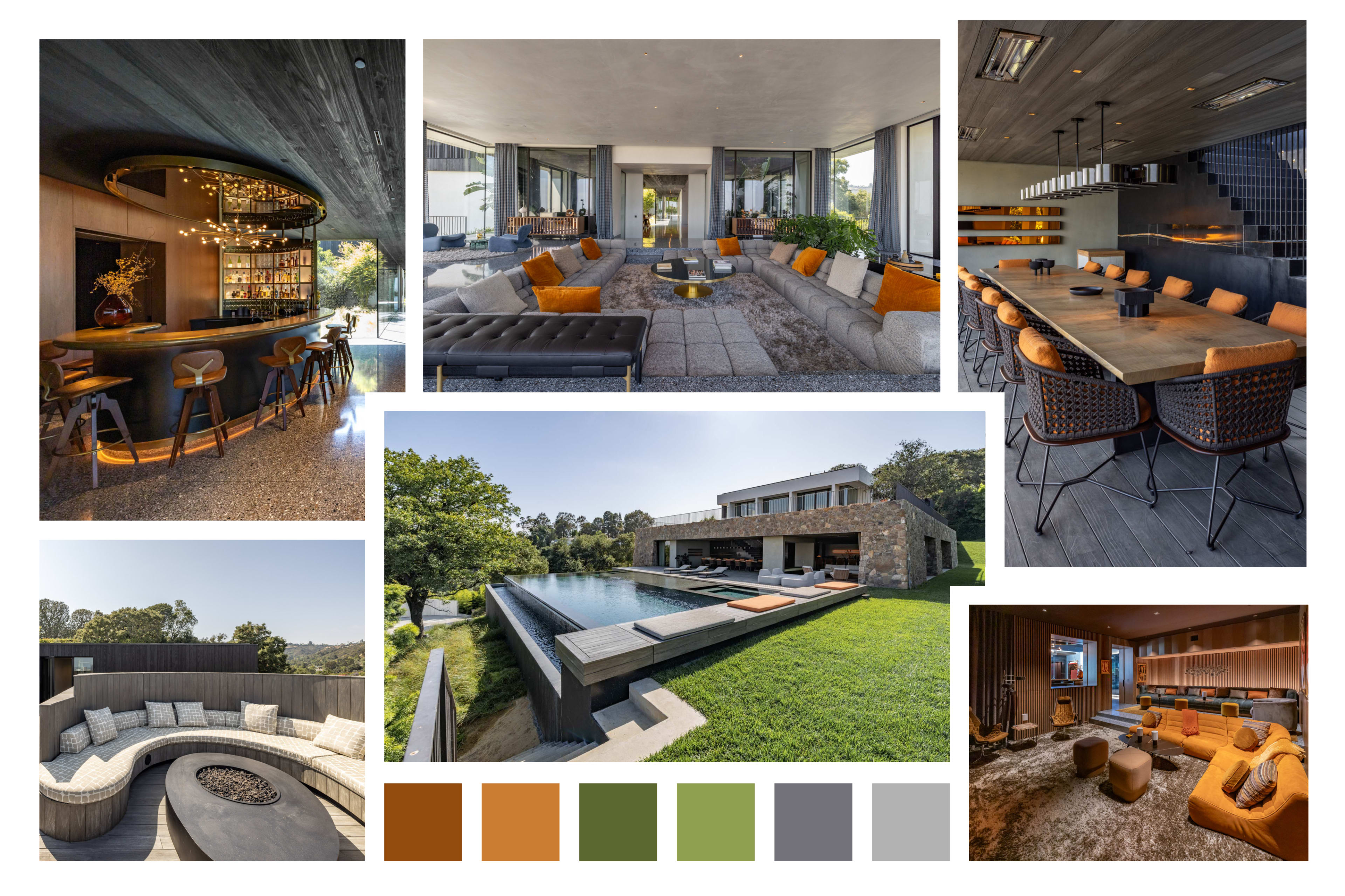 The image showcases a modern home interior and exterior, featuring a spacious living area with comfortable seating, a sleek bar, and an inviting outdoor pool surrounded by greenery.