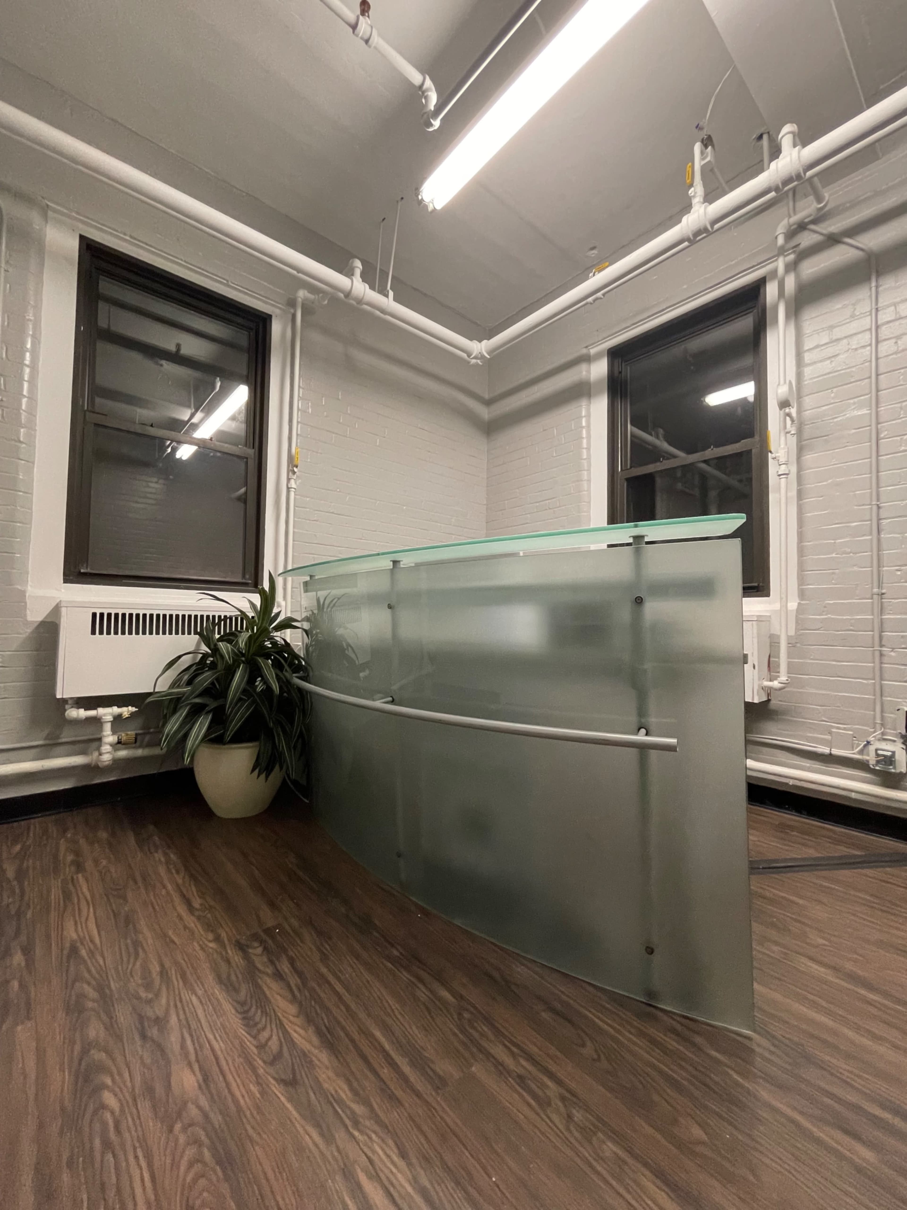 A modern reception desk with a curved frosted glass front is positioned in a well-lit office space with two windows and a potted plant nearby.