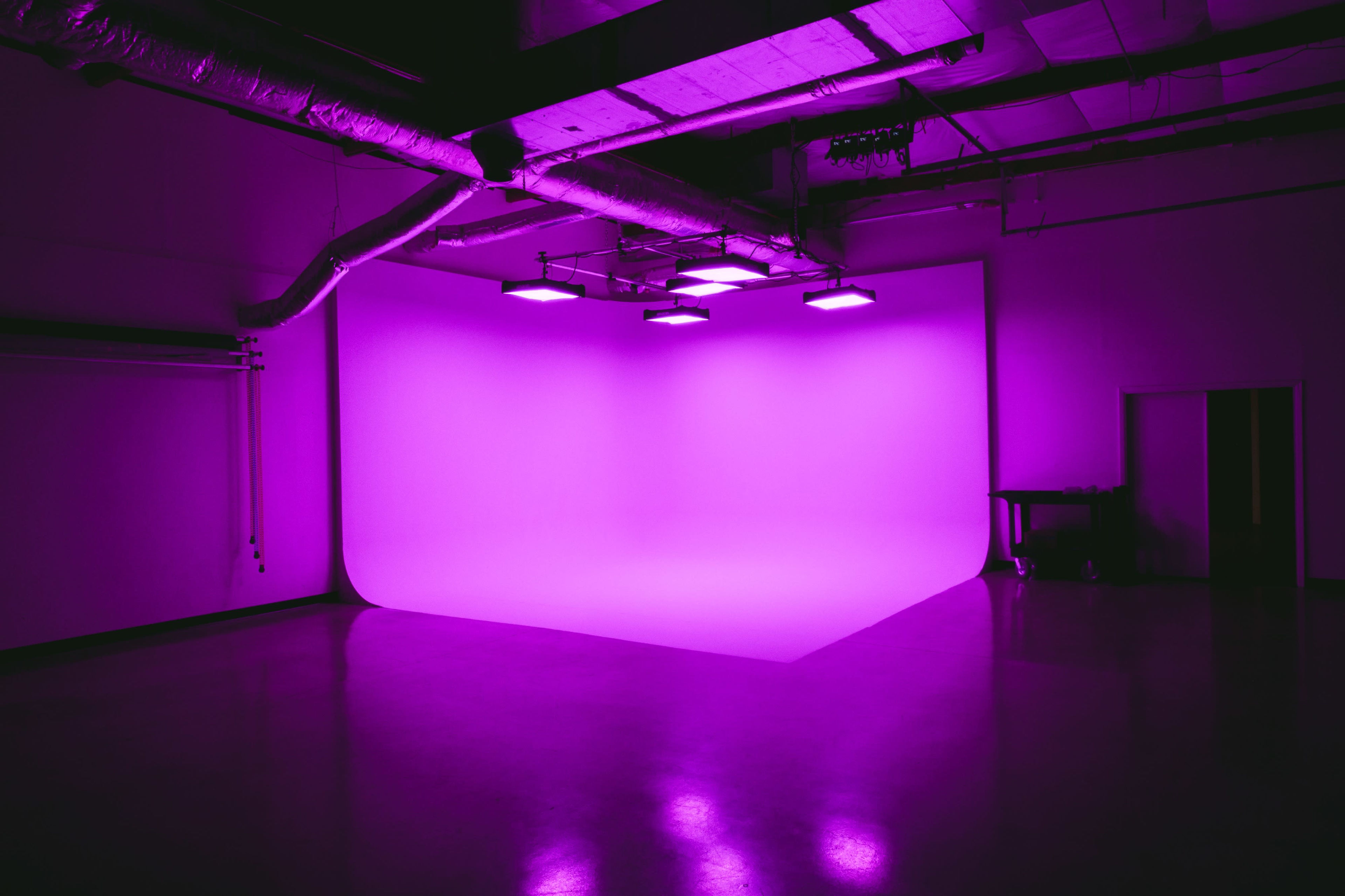 The image shows a photography studio with a purple backdrop and ceiling lights illuminating the space.