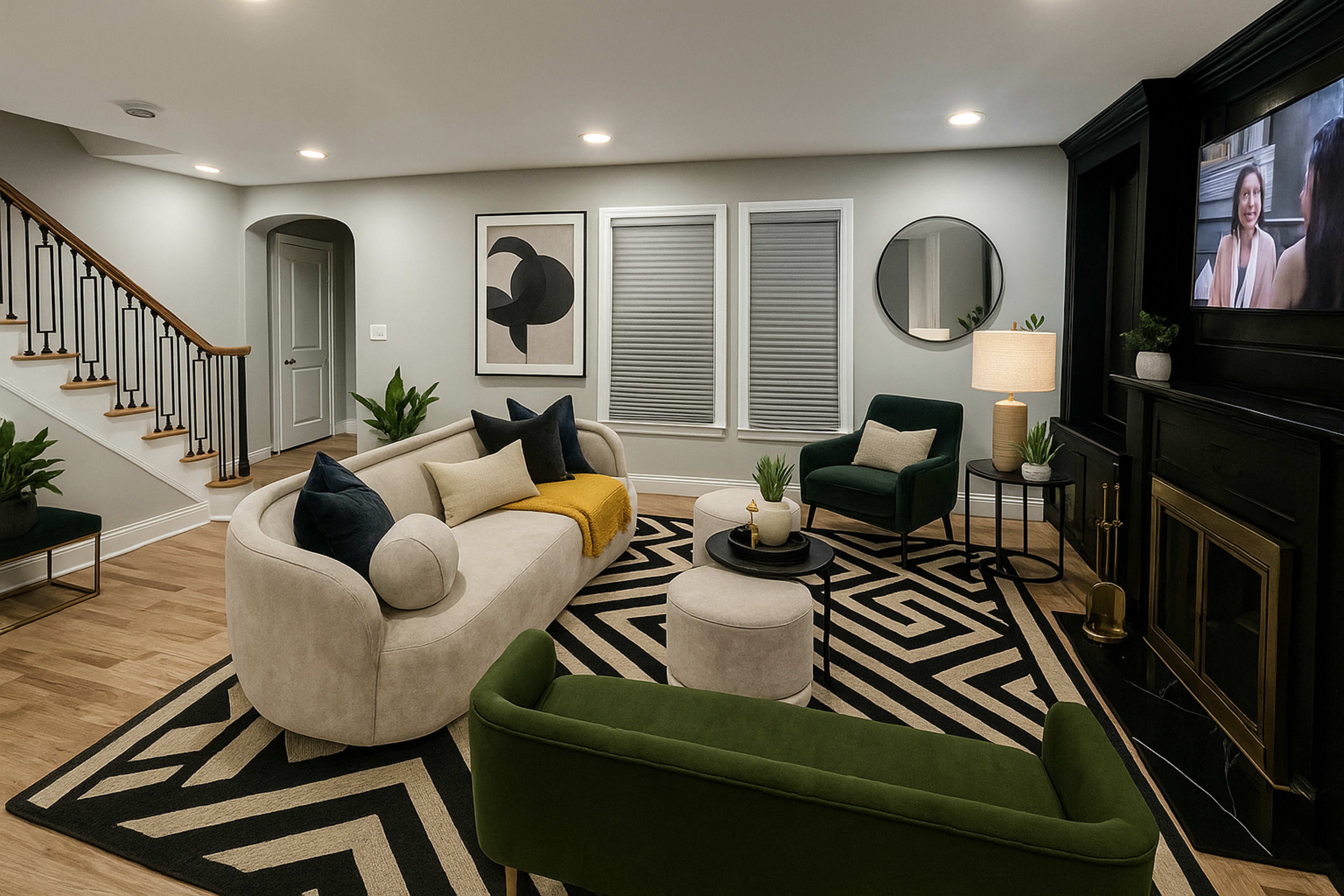 The living room features a light-colored curved sofa, green armchairs, a circular coffee table, and a large geometric rug, with a staircase and a mounted TV in the background.