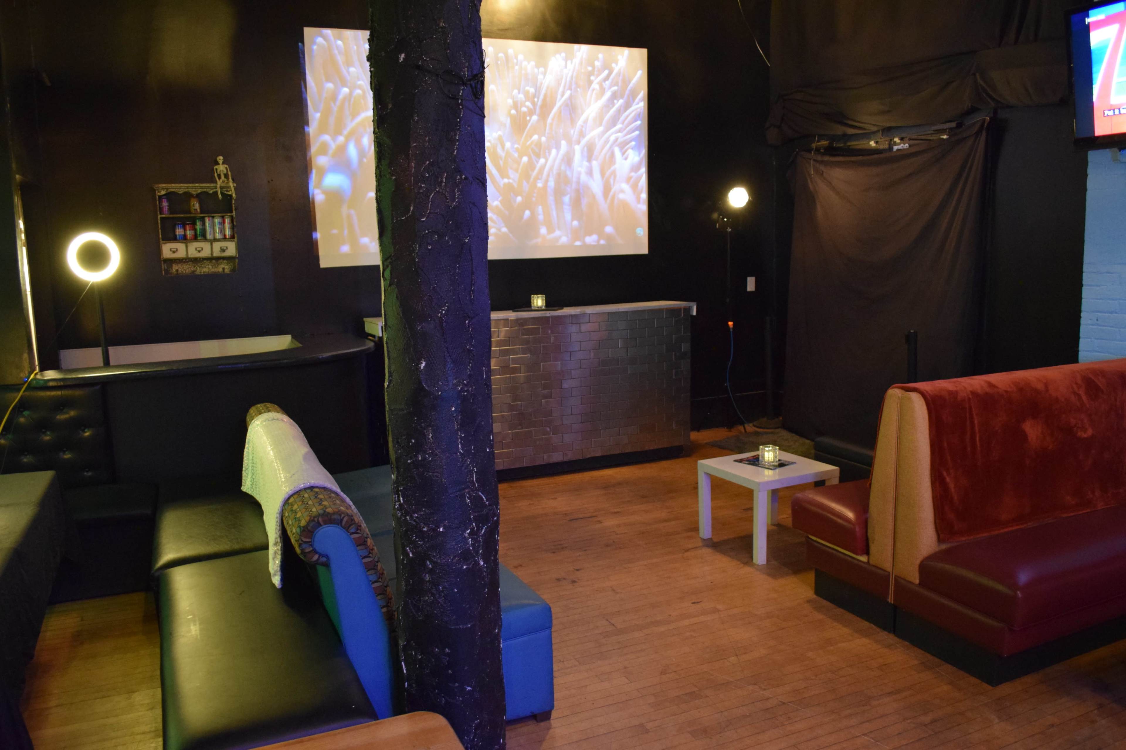 The image shows a dimly lit lounge area with a bar, seating along the sides, and a projection screen displaying an abstract visual.