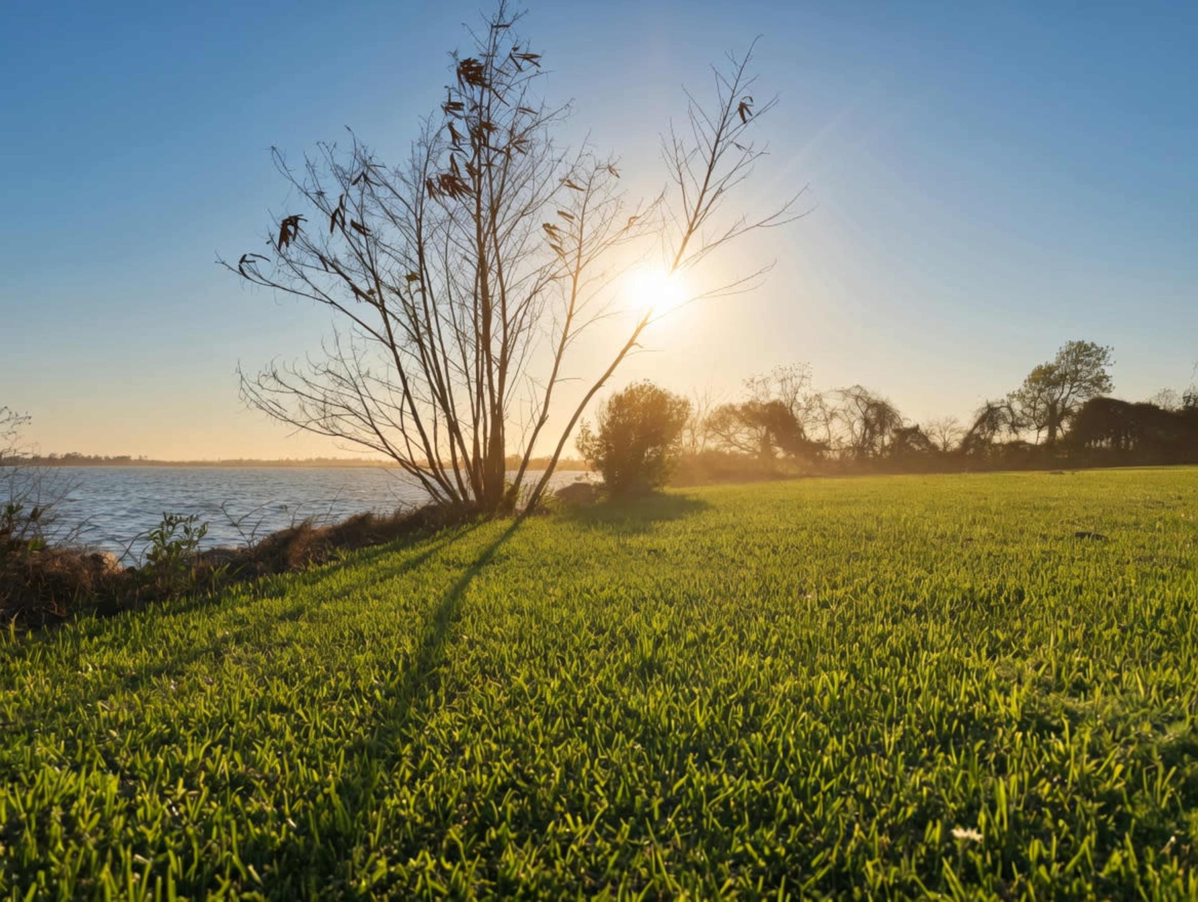 The image shows a sunlit landscape with green grass, a bare tree silhouetted against the sunset, and a body of water in the background.
