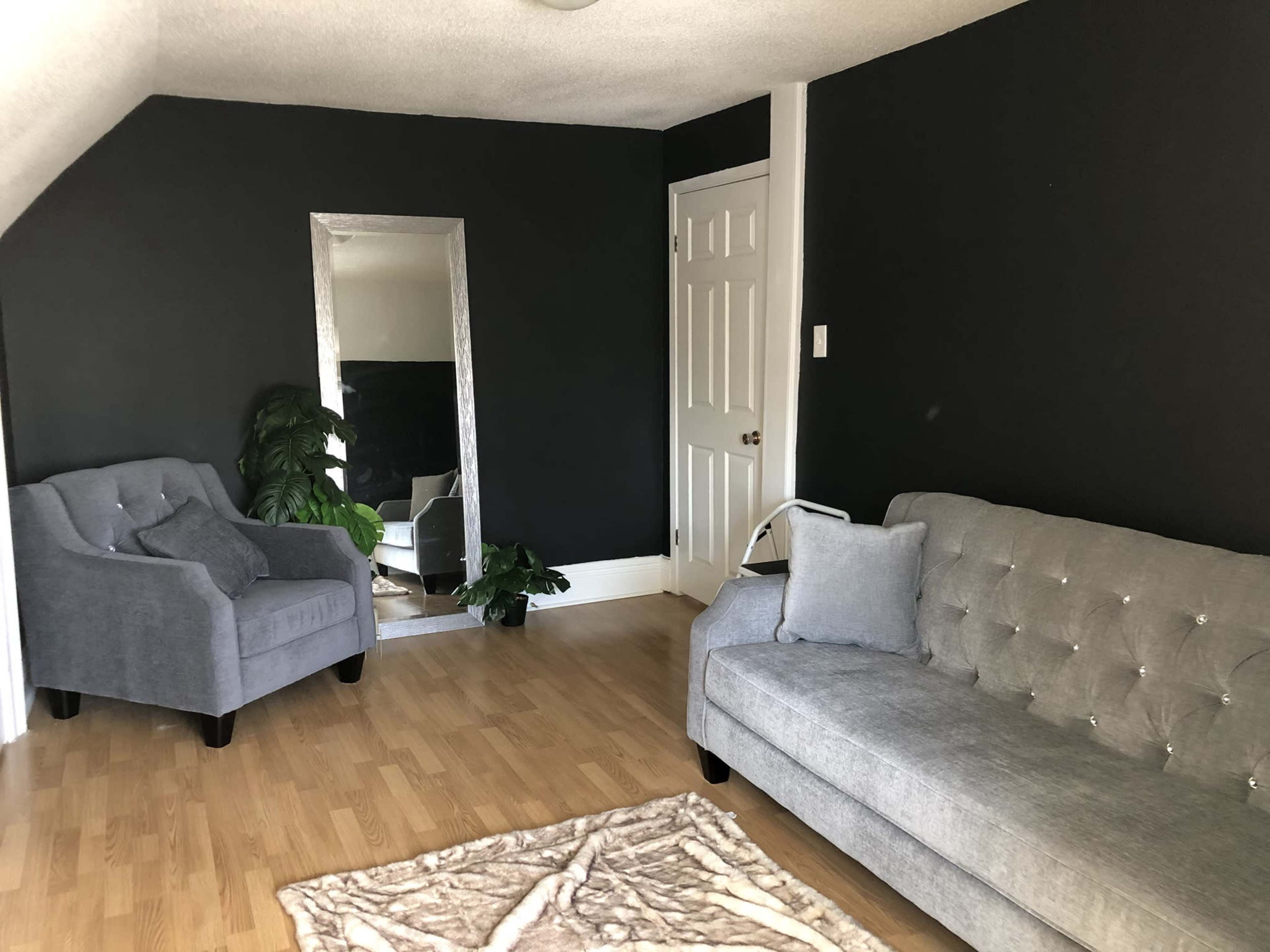 A room with a dark wall, a grey sofa, a matching grey armchair, a full-length mirror, and a plant in the corner.
