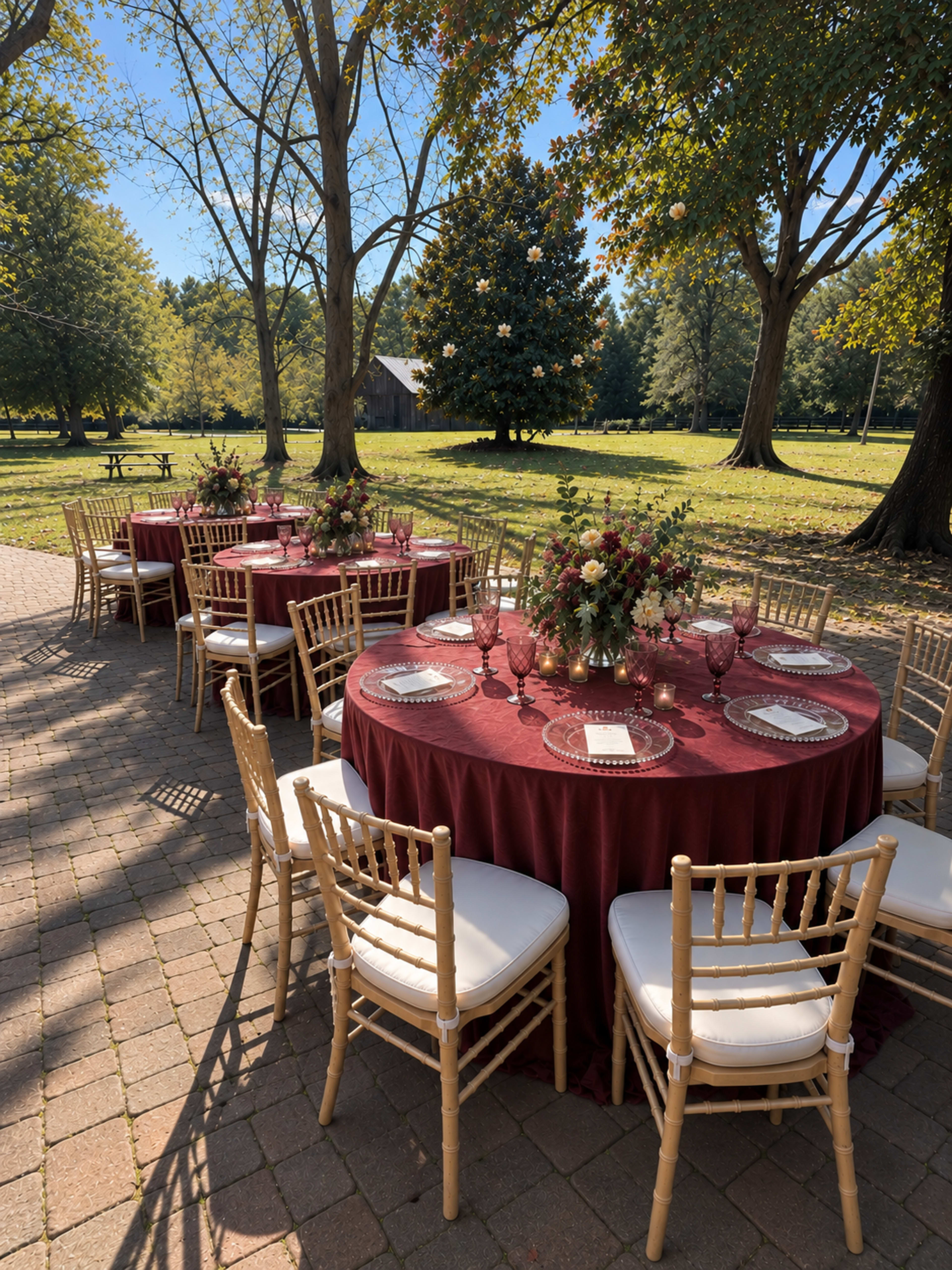 A set of elegantly arranged tables with maroon tablecloths and floral centerpieces is positioned outdoors beneath large trees in a park-like setting.