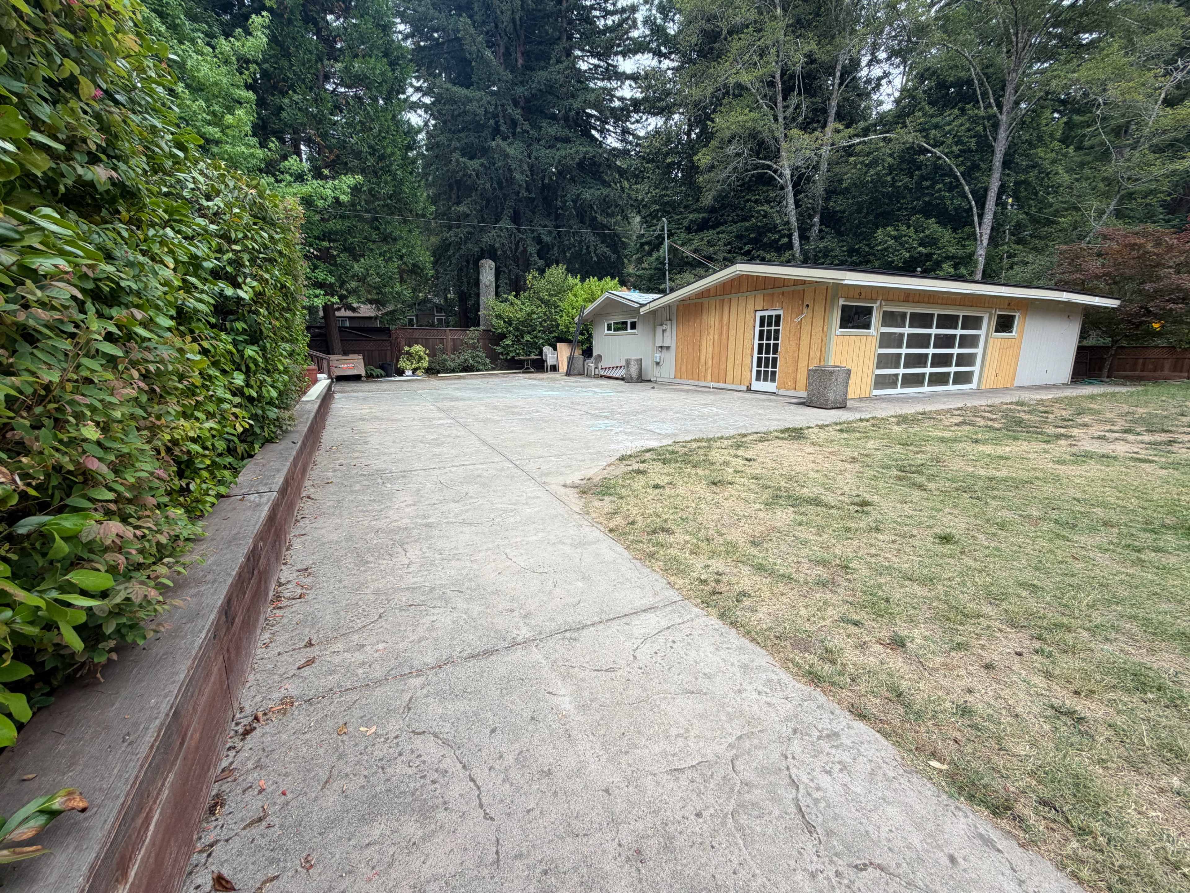 The image shows a paved pathway leading to a modern building surrounded by greenery and trees.