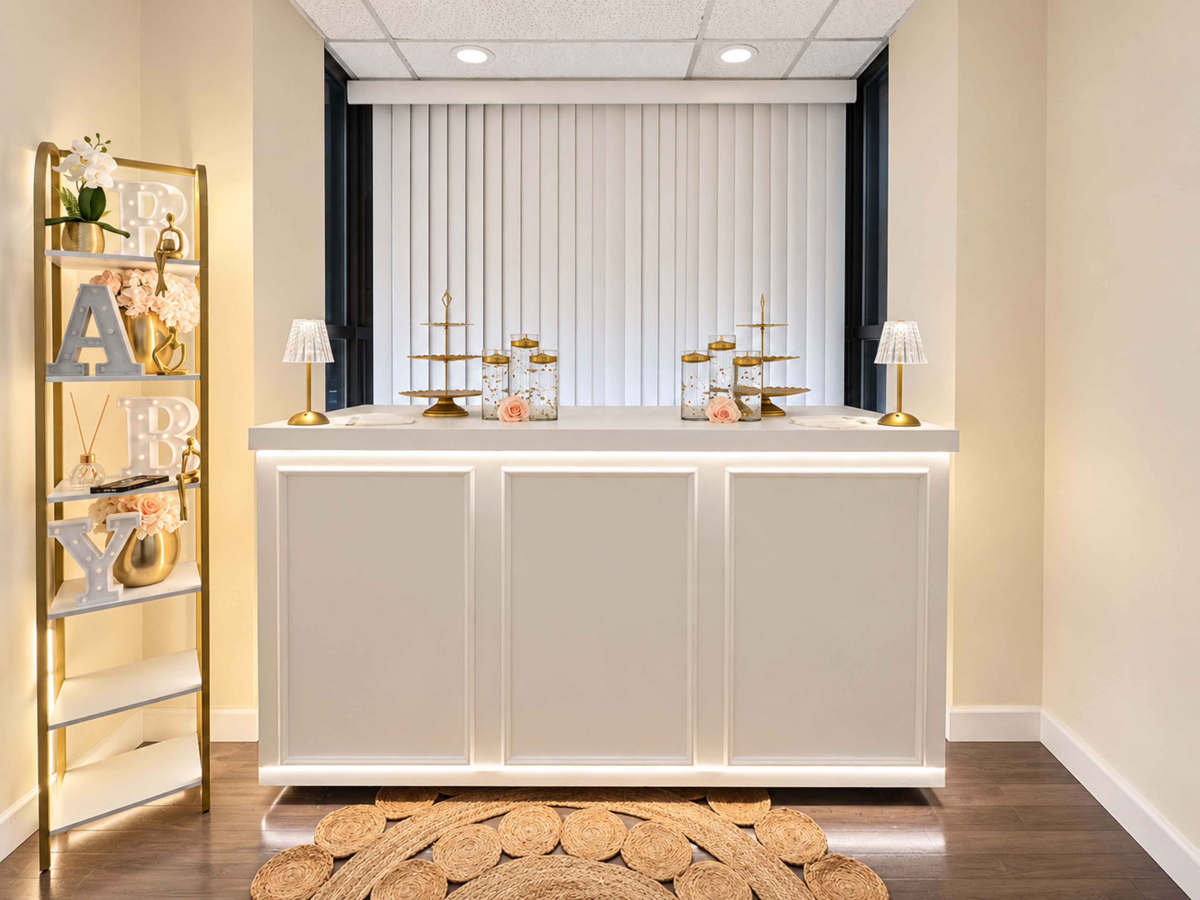 The image shows a reception area with a modern counter featuring decorative items and gold accents, alongside a shelving unit displaying letters and floral arrangements.