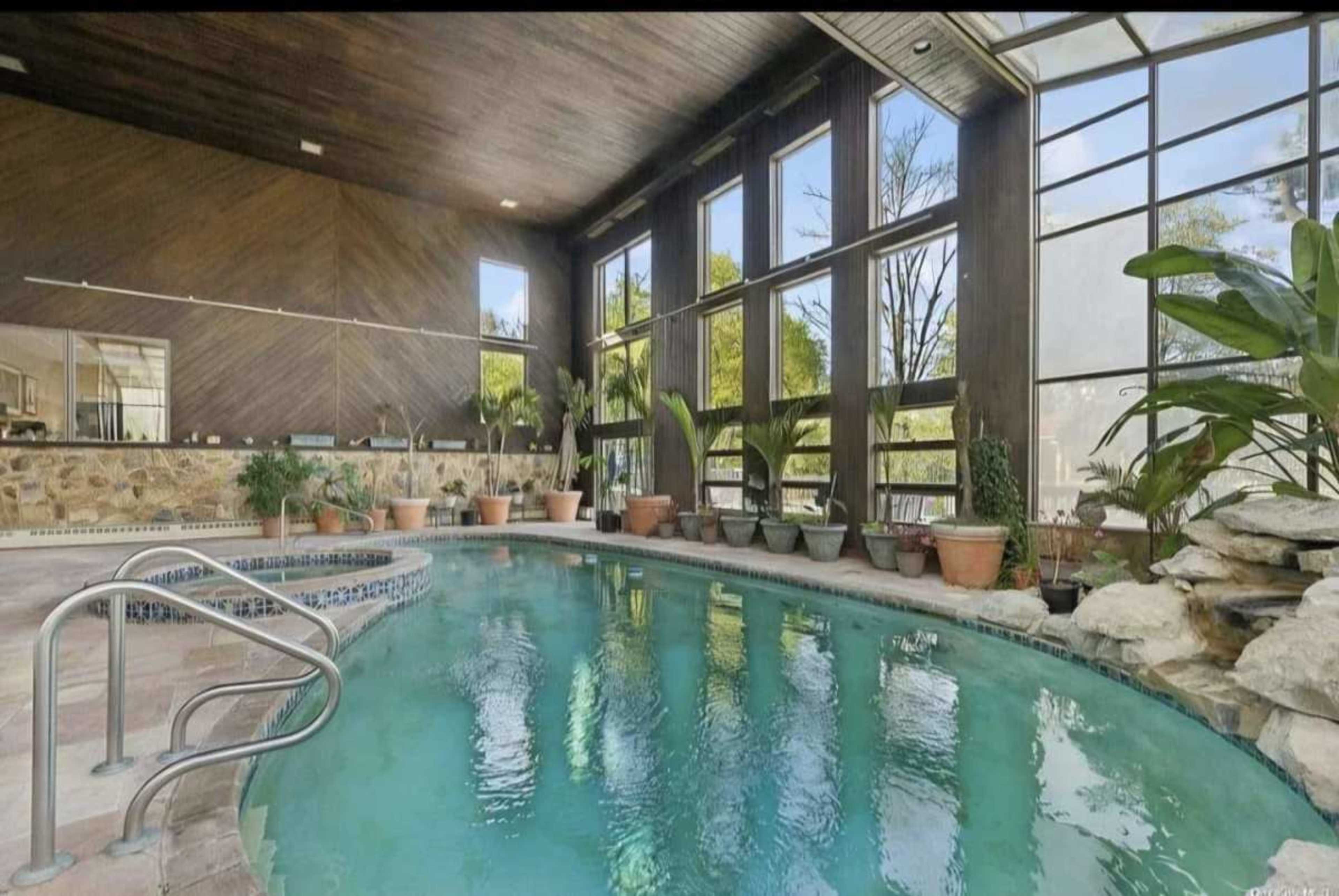 The image shows an indoor swimming pool surrounded by large windows, with natural light illuminating various potted plants along the perimeter.