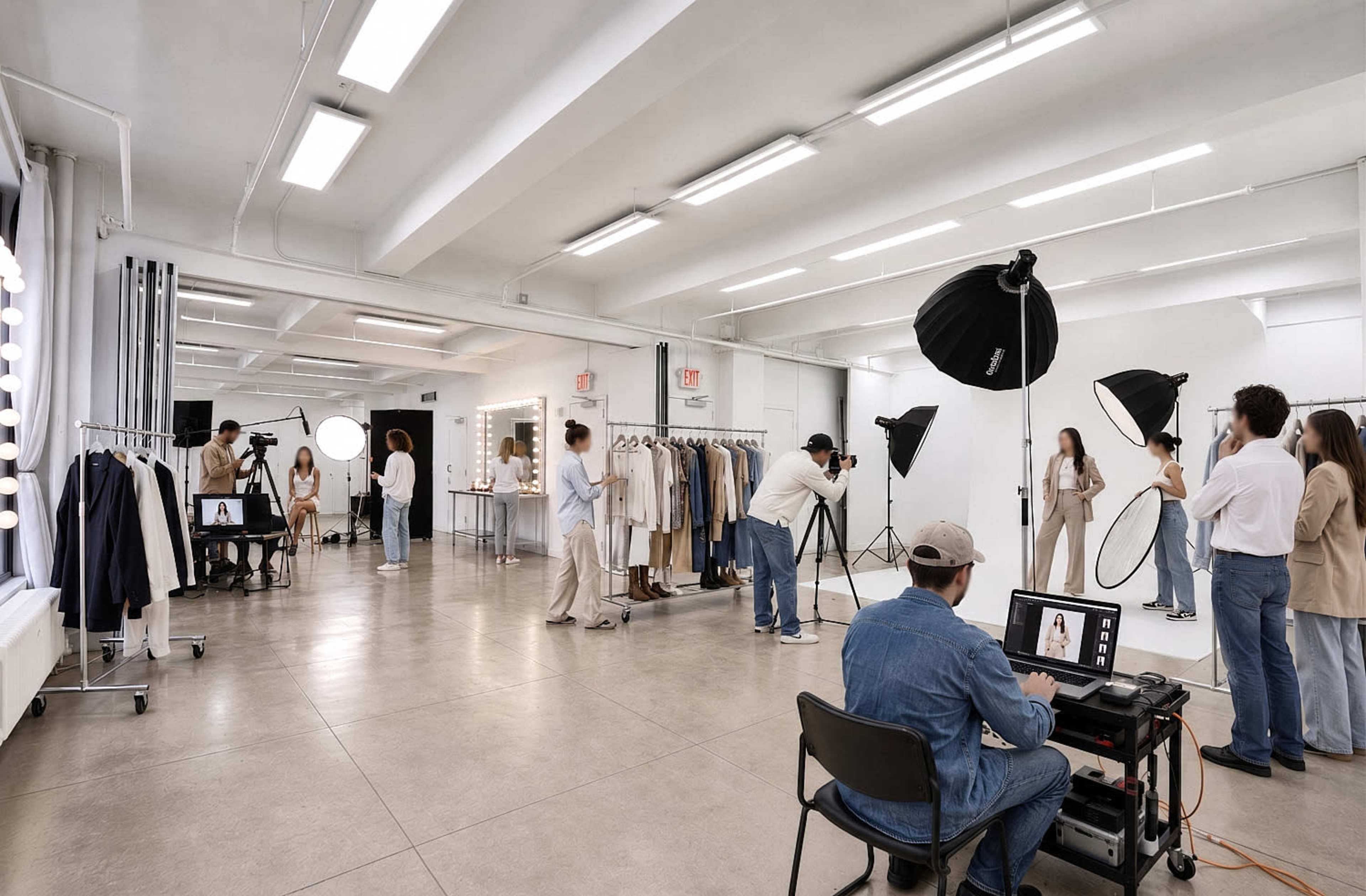 A fashion photoshoot is taking place in a spacious studio, featuring models, photographers, and equipment set up against a backdrop of clothing racks.