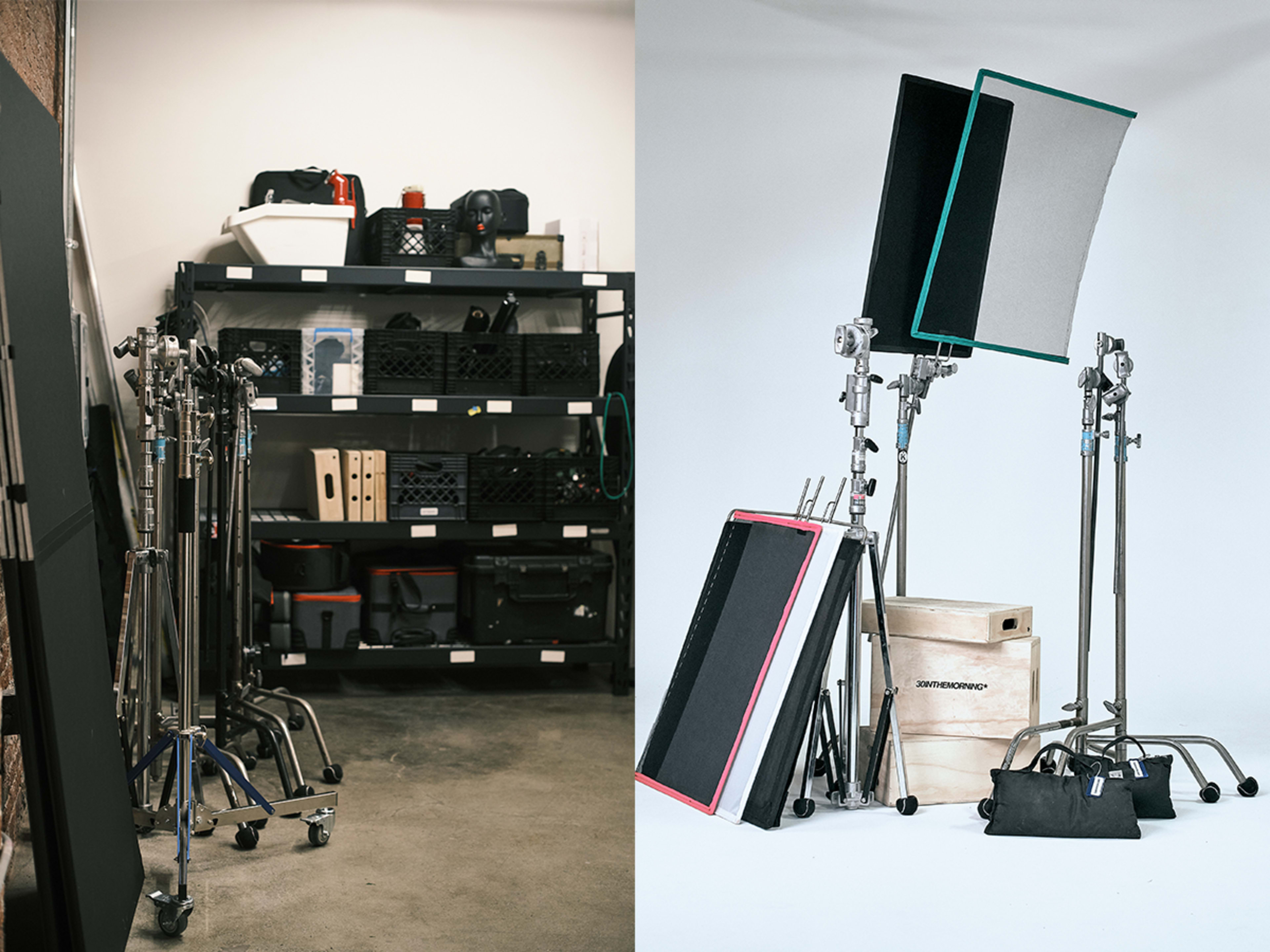 The image shows two contrasting setups: on the left, a storage area with photographic equipment neatly organized on shelves, and on the right, a bright studio scene featuring light stands and reflectors on a clean backdrop.