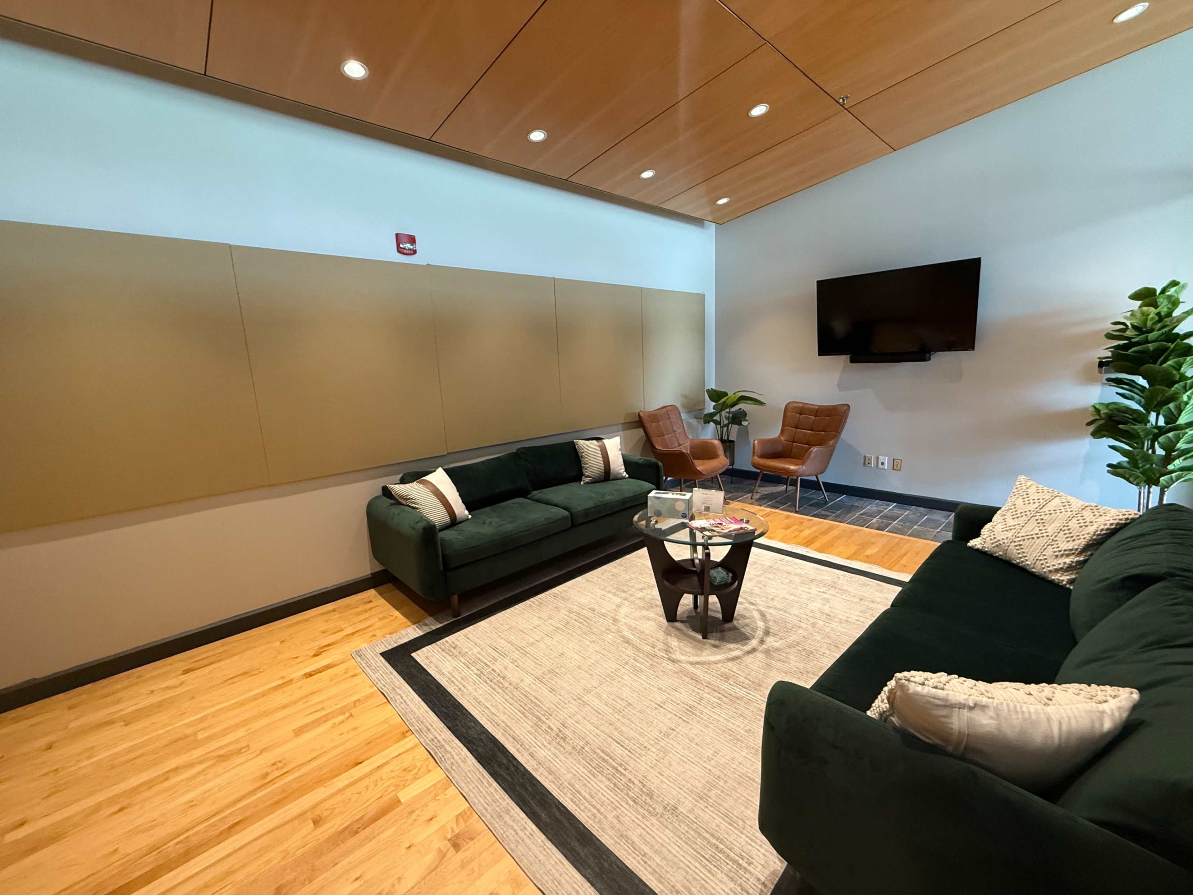 The image shows a modern, cozy lounge area featuring two green sofas, a round coffee table, two armchairs, and a flat-screen TV mounted on the wall.