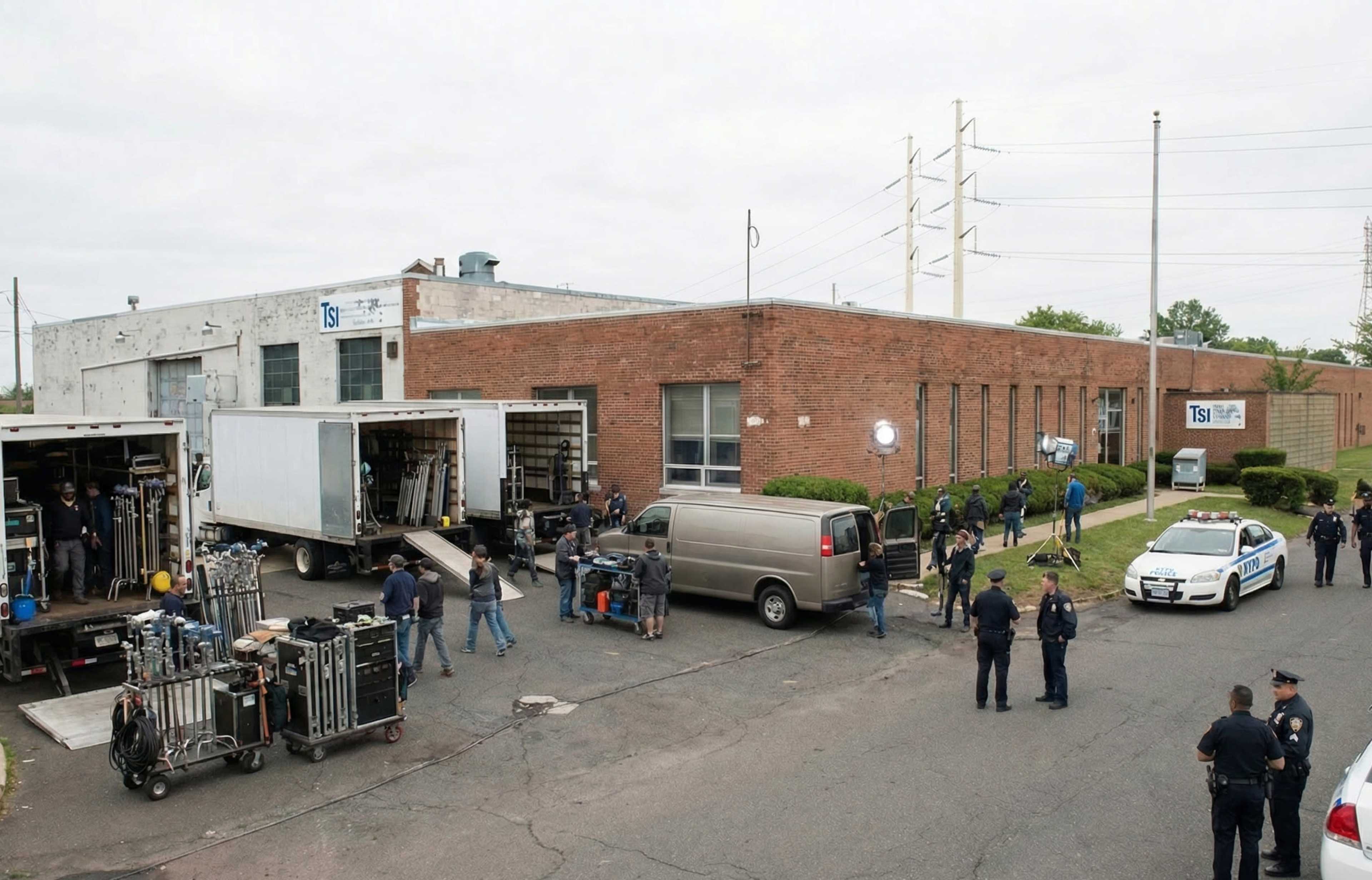 A group of people and vehicles are gathered outside a brick building, with equipment and a police presence visible.