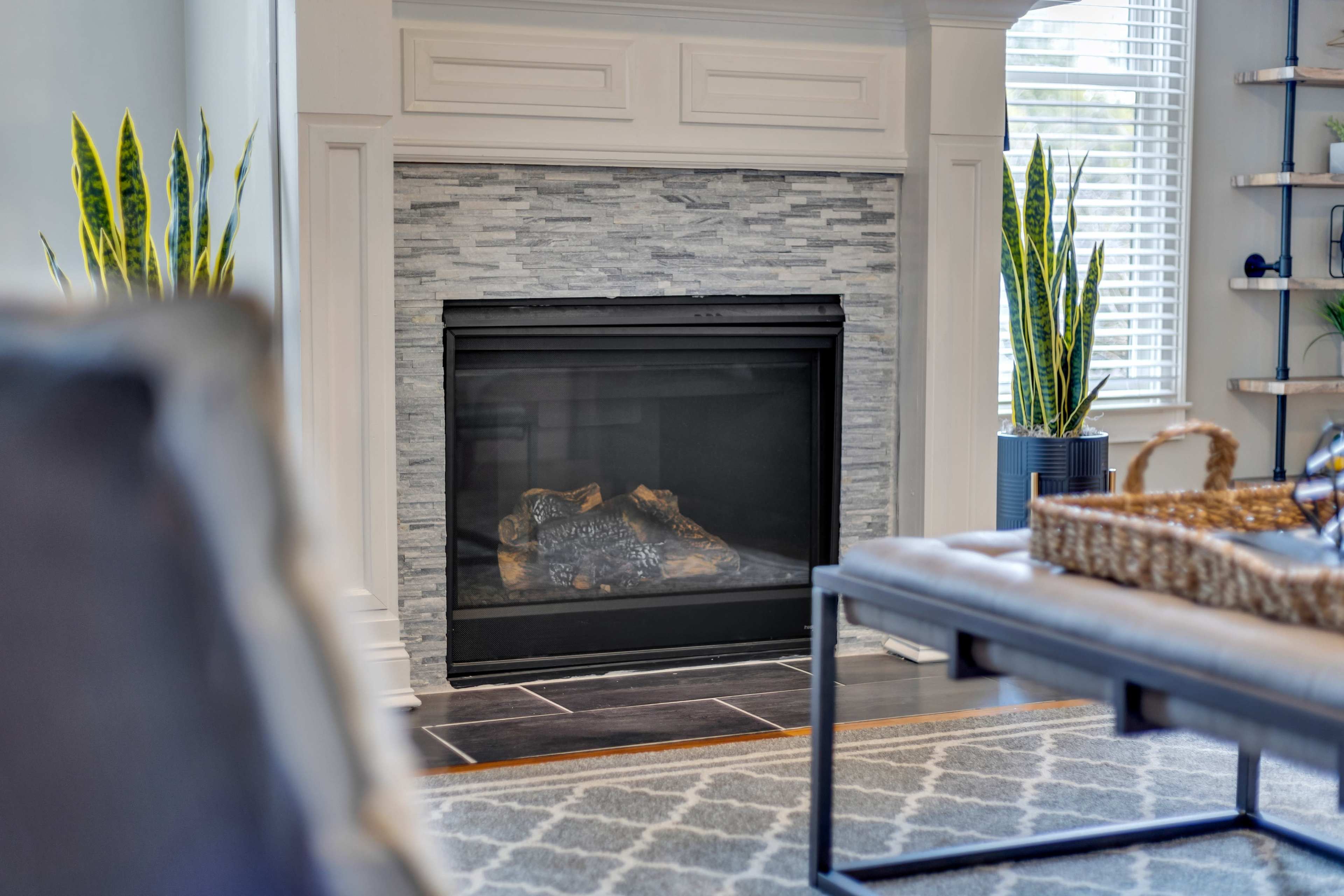 A modern fireplace with a stone surround, framed by tall indoor plants and a coffee table, in a bright room with large windows.