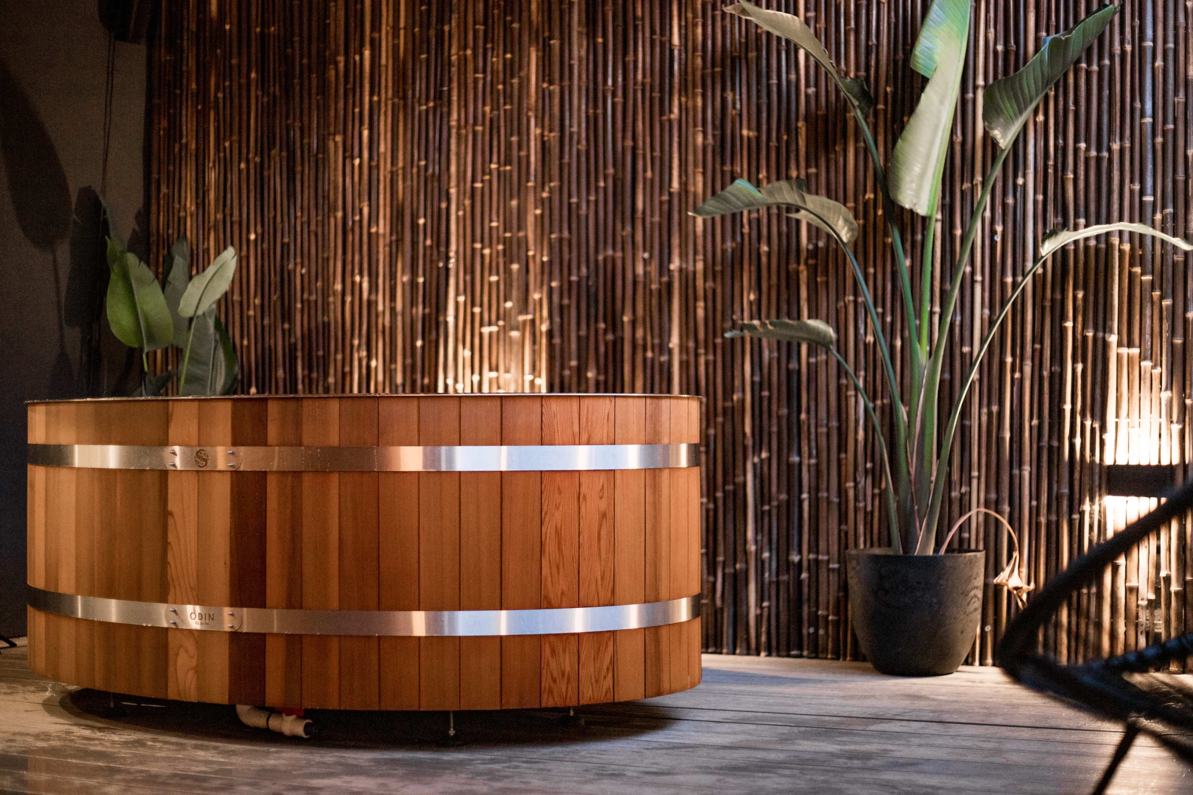 The image shows a wooden hot tub surrounded by a bamboo wall and a large potted plant.