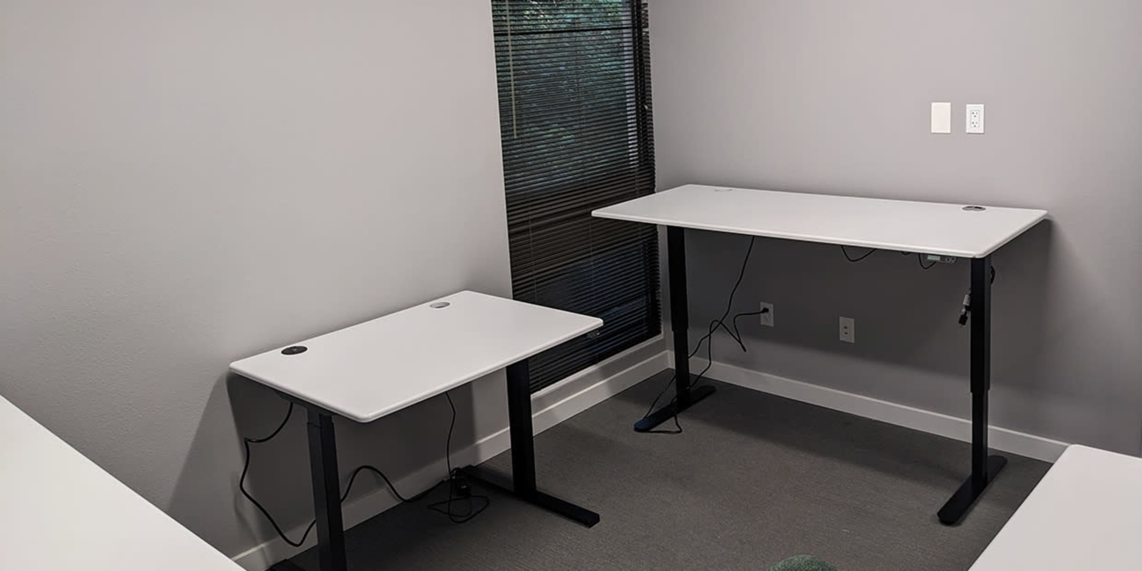 Two adjustable standing desks positioned in a minimalist office space with gray walls and a window covered by blinds.