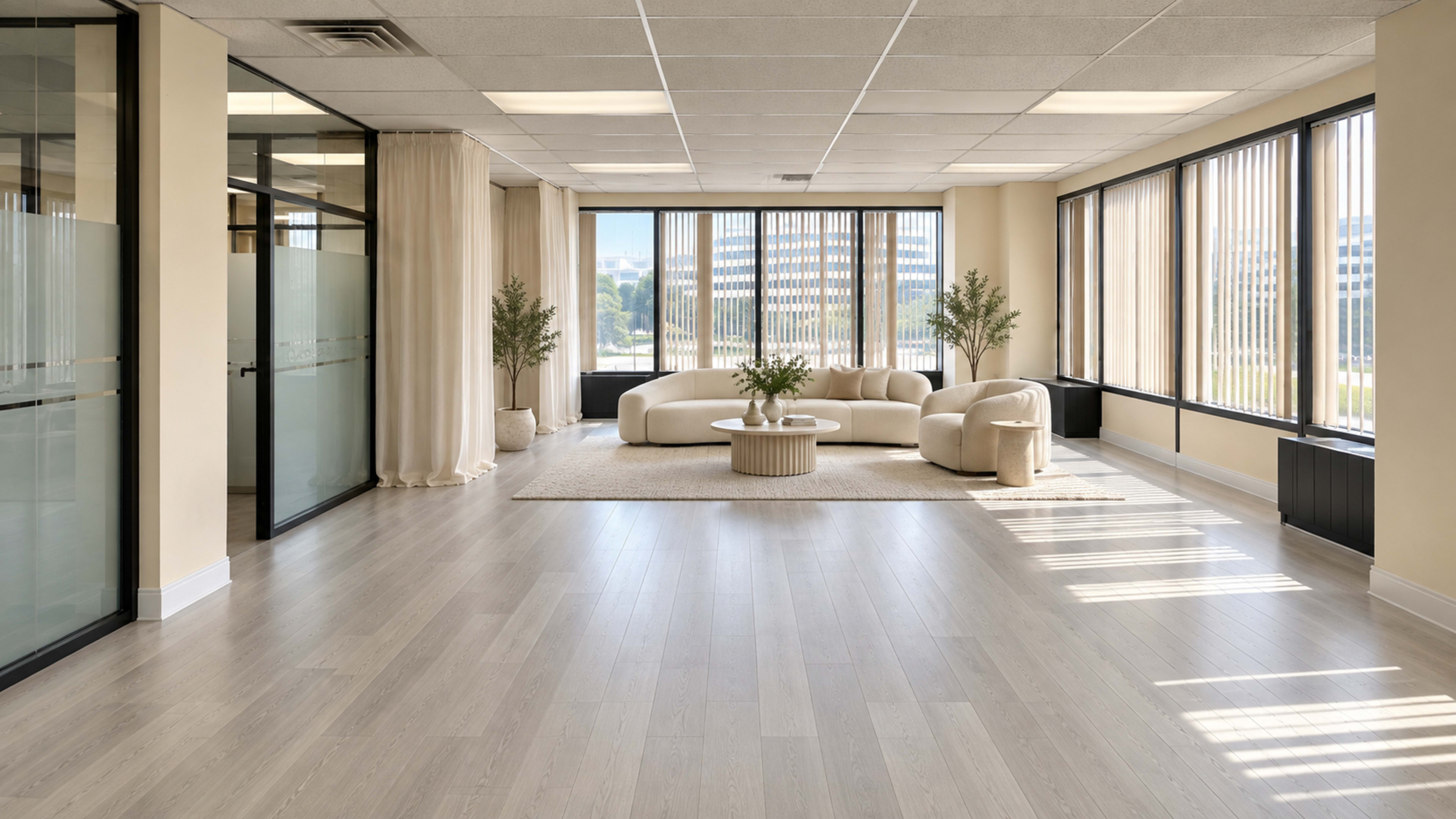 The image shows a modern, spacious office interior with large windows, light-colored flooring, and a seating area featuring a beige sofa and circular coffee table.