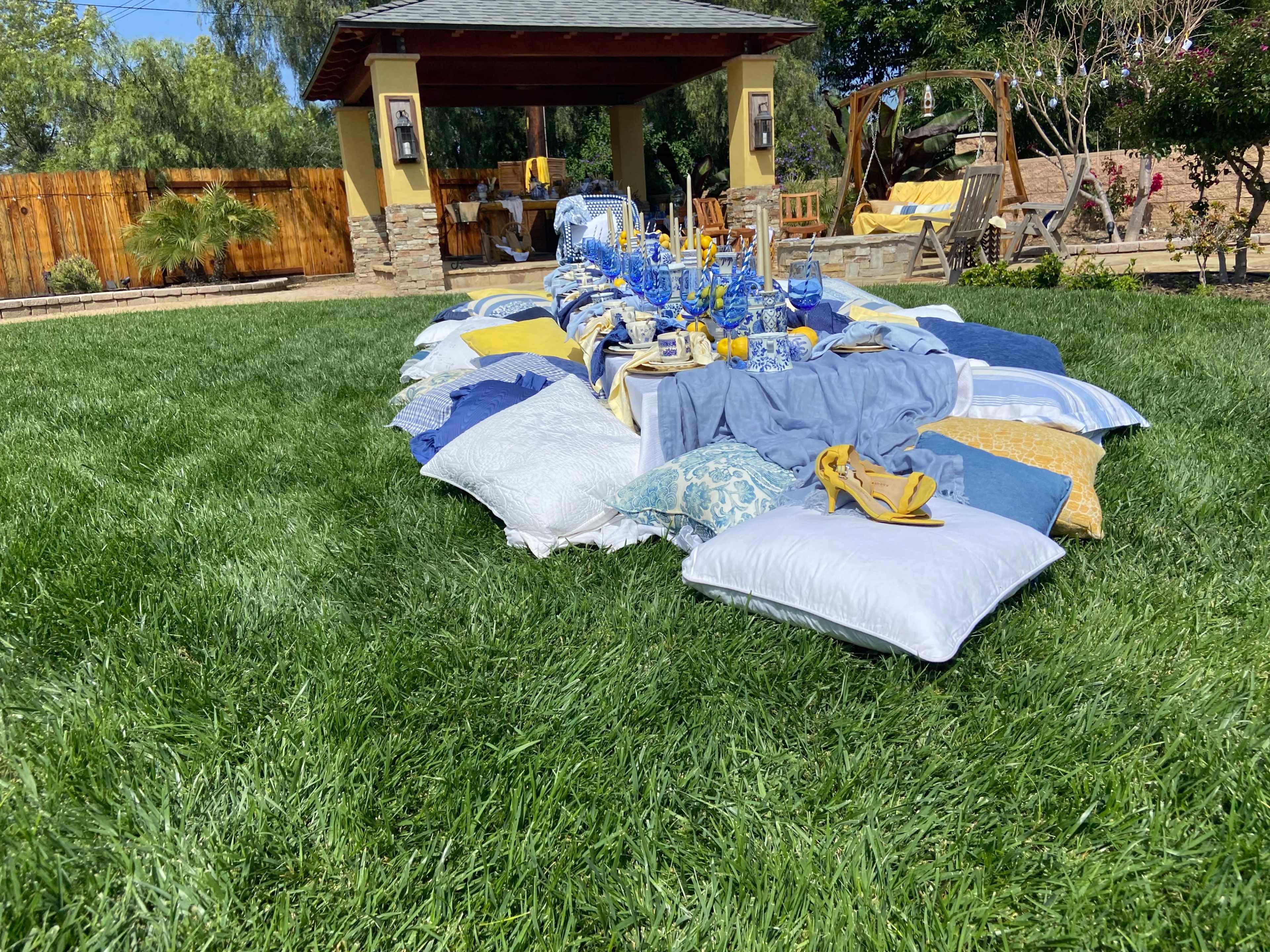 A long table is set outdoors on a grassy lawn, featuring blue and yellow decorations, with pillows arranged along the sides for seating.