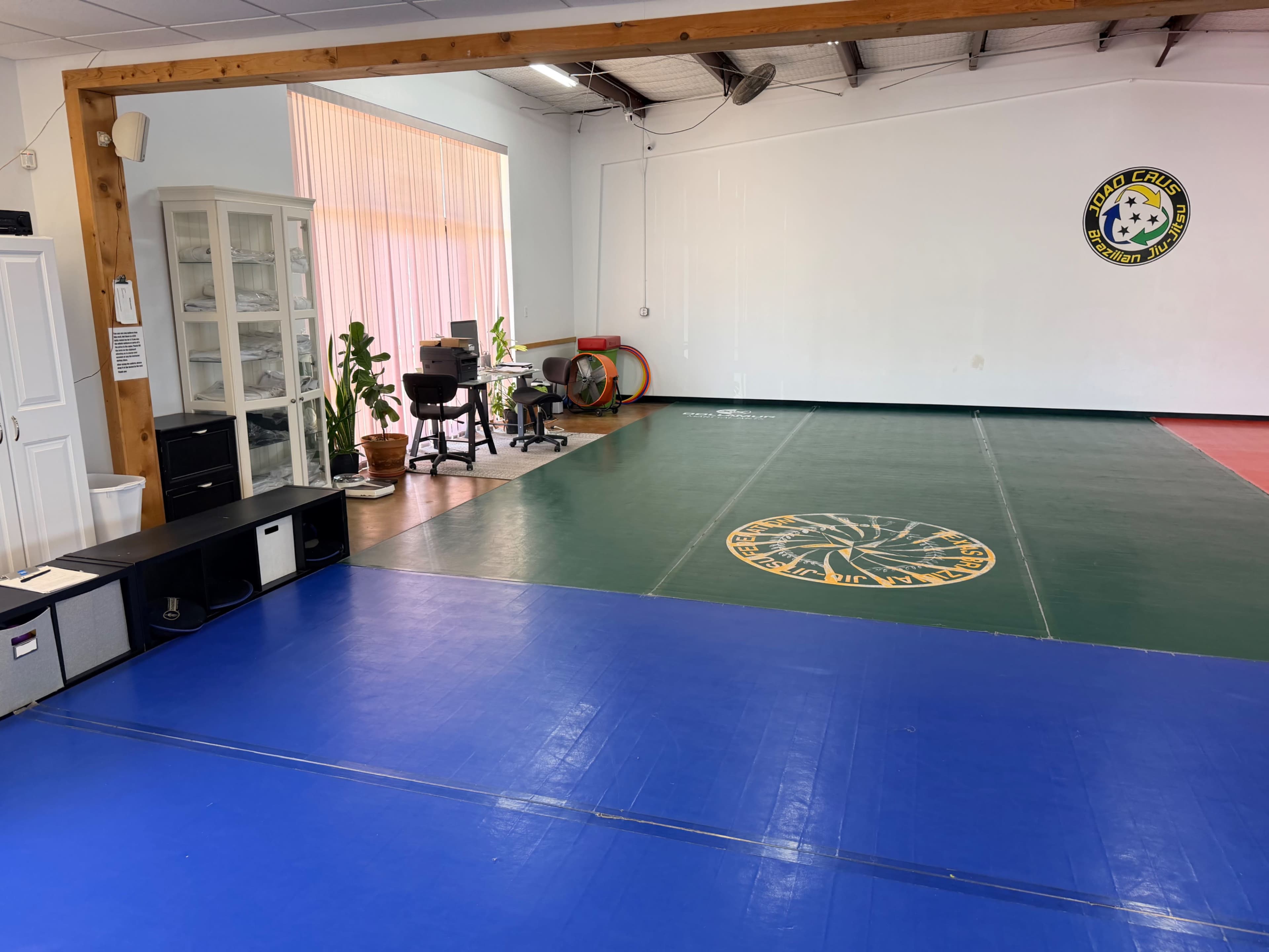 The image shows an indoor space divided into green and blue mats, with furniture and plants along one wall and a logo on the opposite wall.