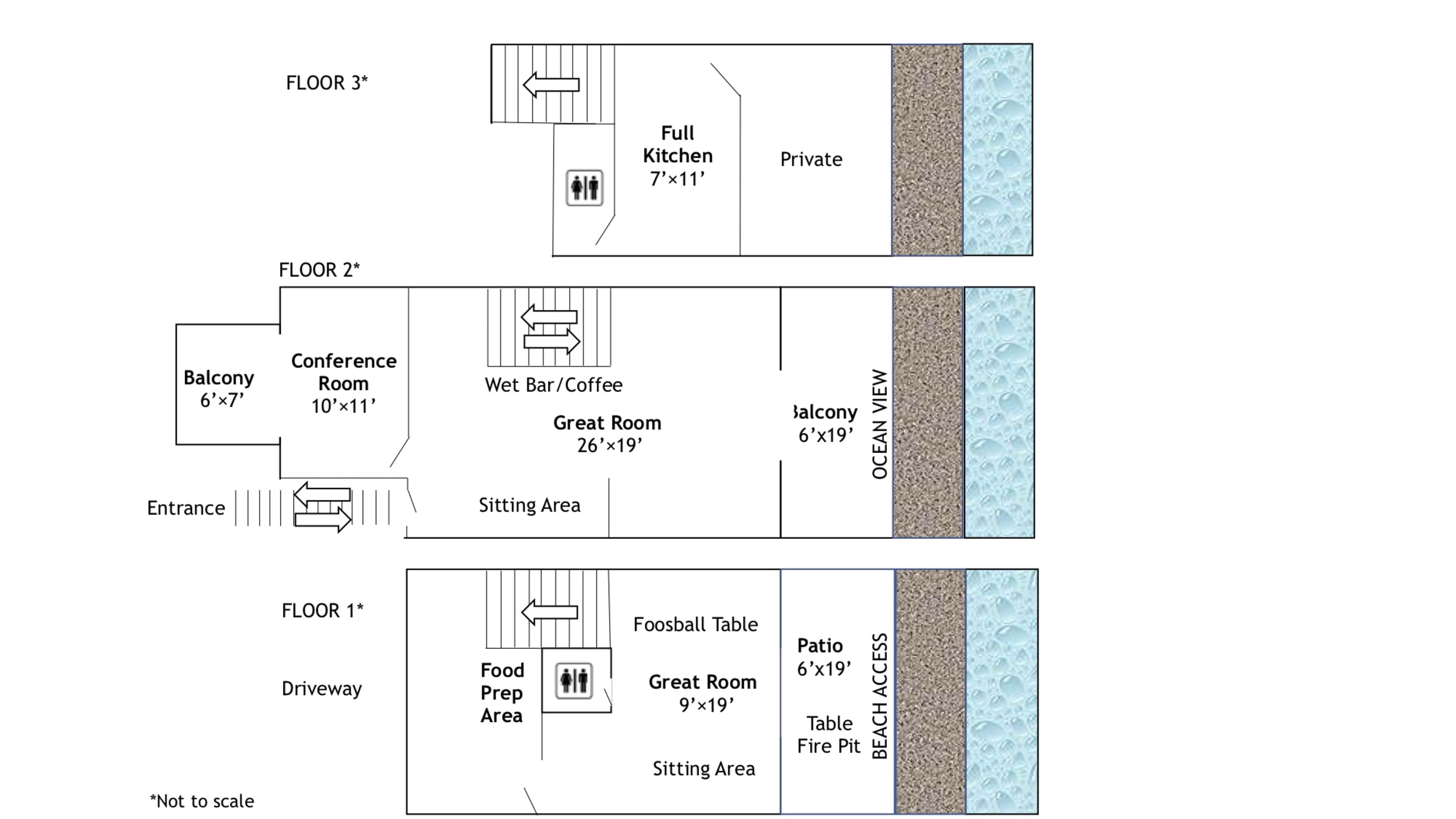 The image shows a three-story floor plan of a building with labeled rooms, including a conference room, kitchen, and sitting areas, along with outdoor features like a balcony and patios.