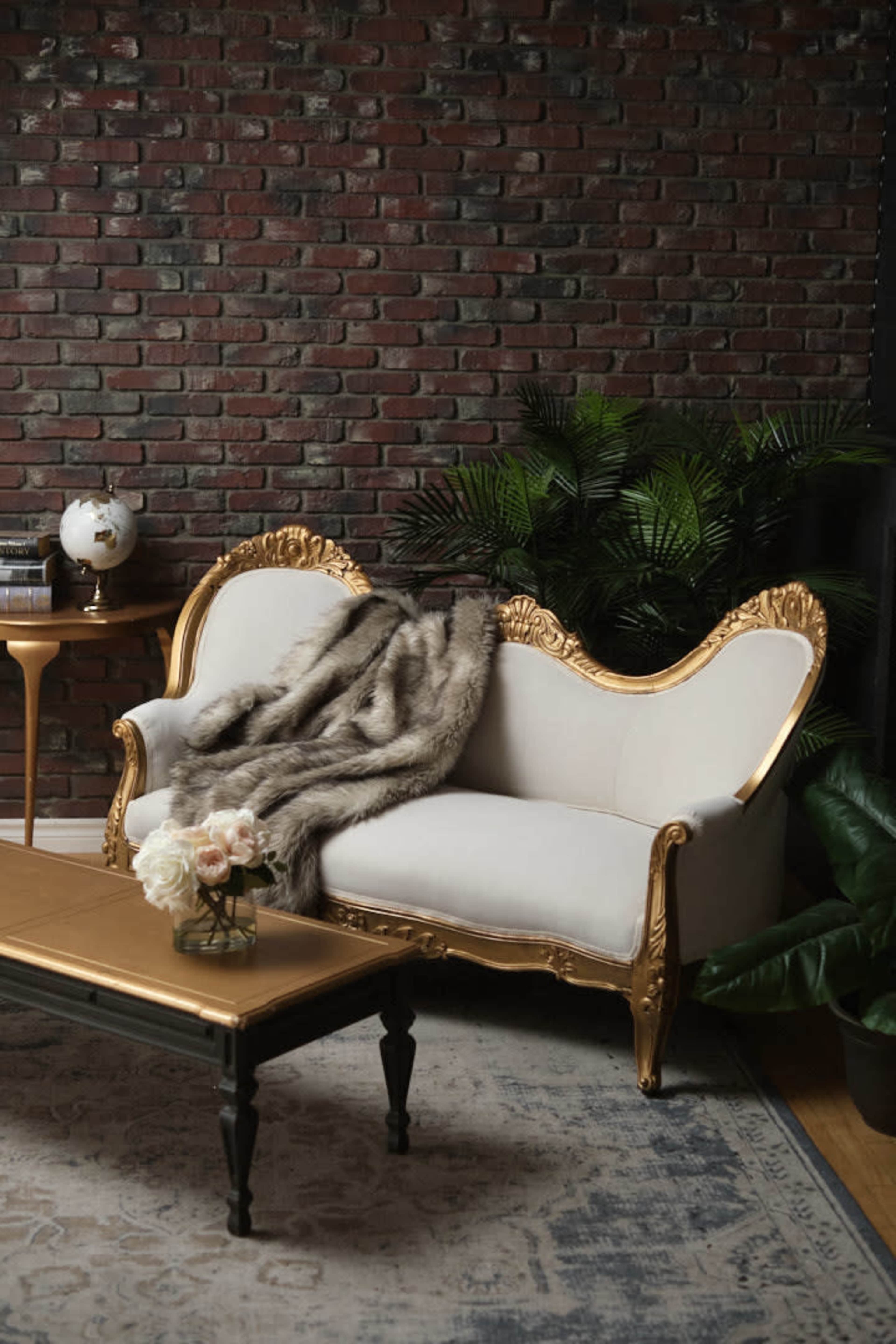 A lavishly designed sofa with a gold-framed back rests against a brick wall, accompanied by a coffee table and potted plants.