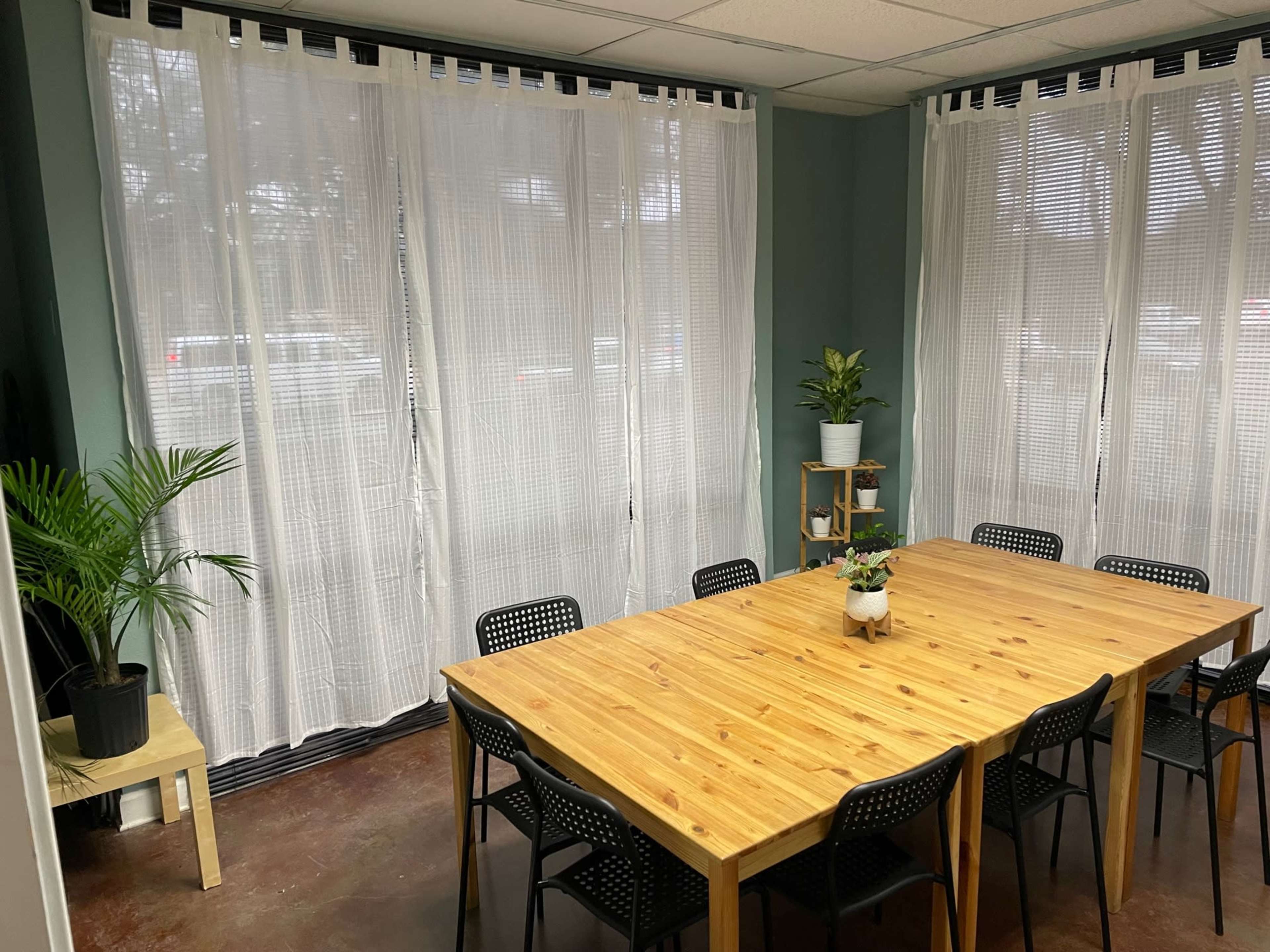 A spacious meeting room features a large wooden table surrounded by black chairs, with sheer curtains covering the windows and a potted plant in the corner.